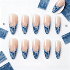Kentrim Jelly Glue Blue Kentrim Denim French Tip Press On Nails with Rhinestones - 30 Pieces (15 Sizes)