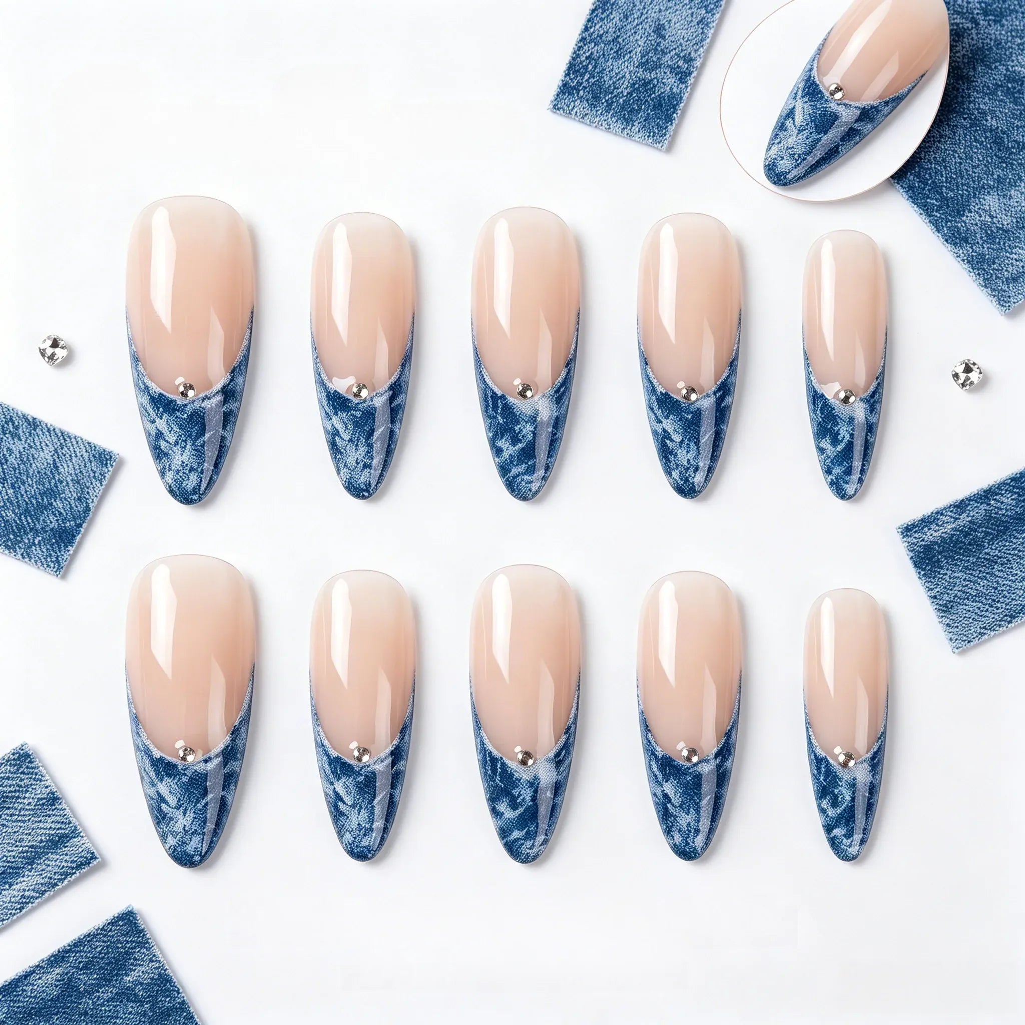 Kentrim Jelly Glue Blue Kentrim Denim French Tip Press On Nails with Rhinestones - 30 Pieces (15 Sizes)