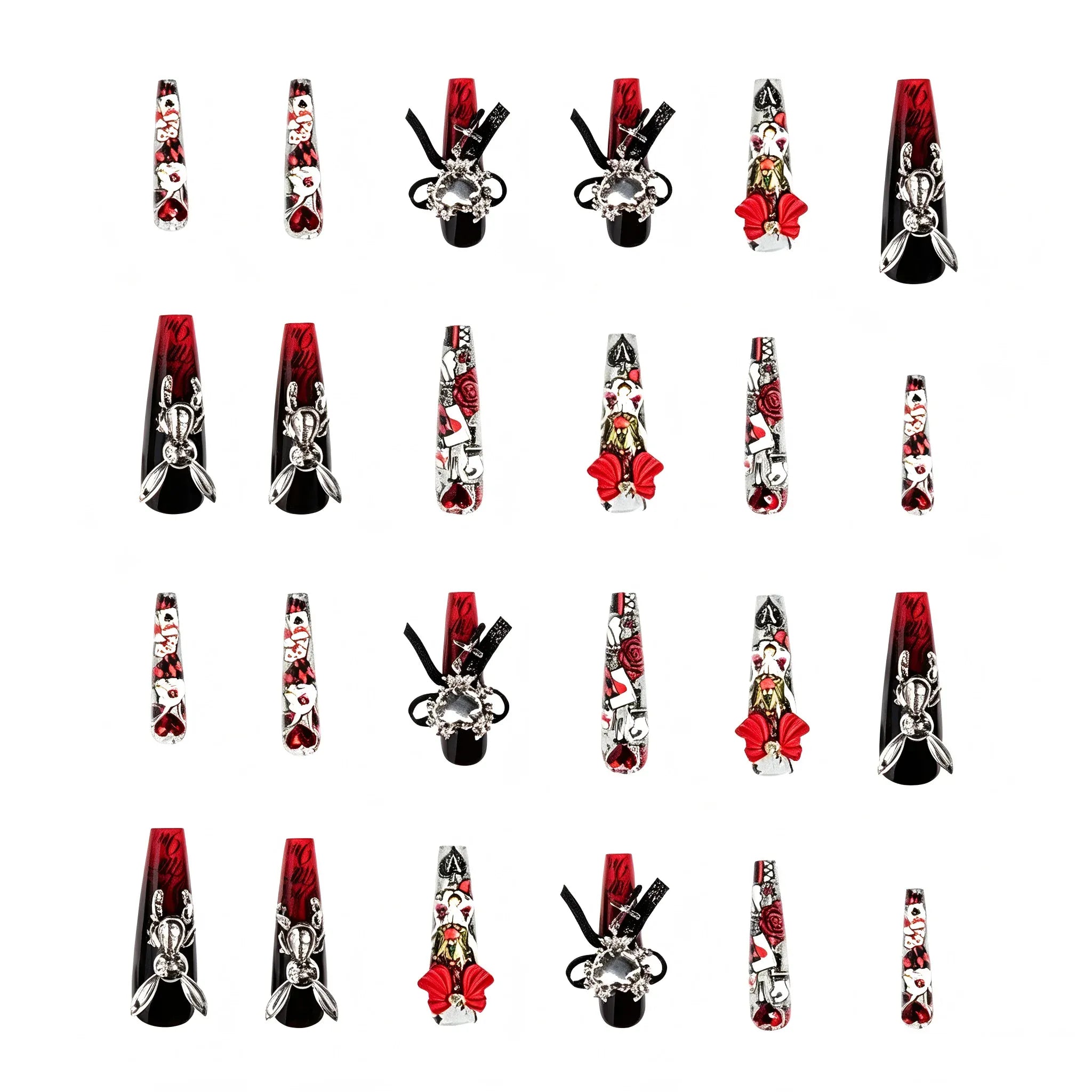 Kentrim Jelly Glue Red Kentrim Alice in Wonderland Themed Press On Nails - 30 Pieces (15 Sizes)