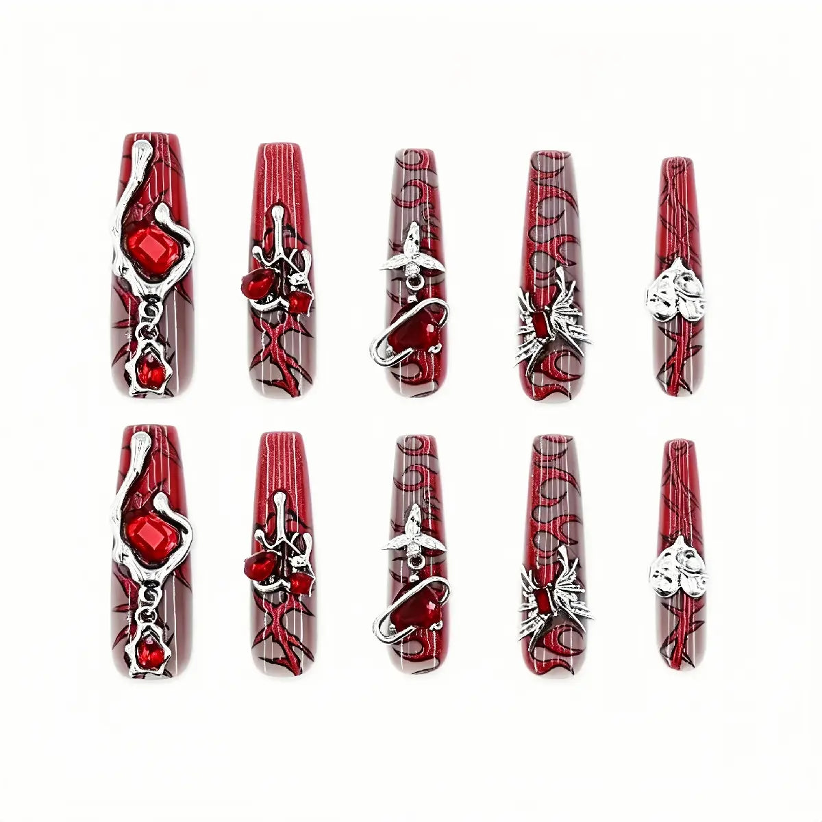 Kentrim Jelly Glue Red Kentrim Gothic Red Gem Press On Nails - 30 Pieces (15 Sizes)