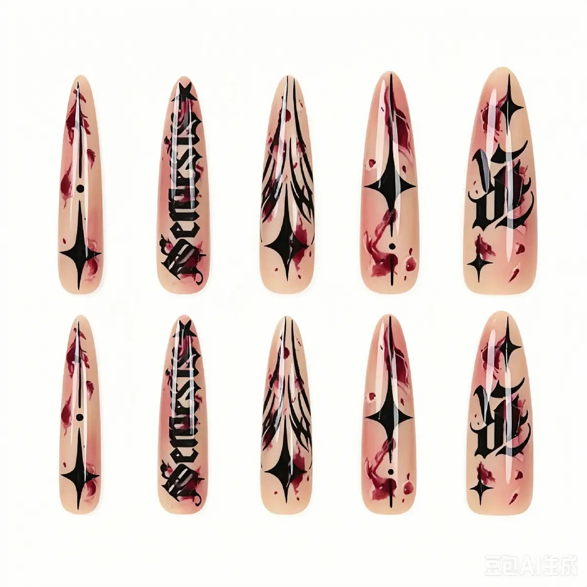Kentrim Red Splatter Gothic Letter Press On Nails - 30 Pieces (15 Sizes) Secondary image