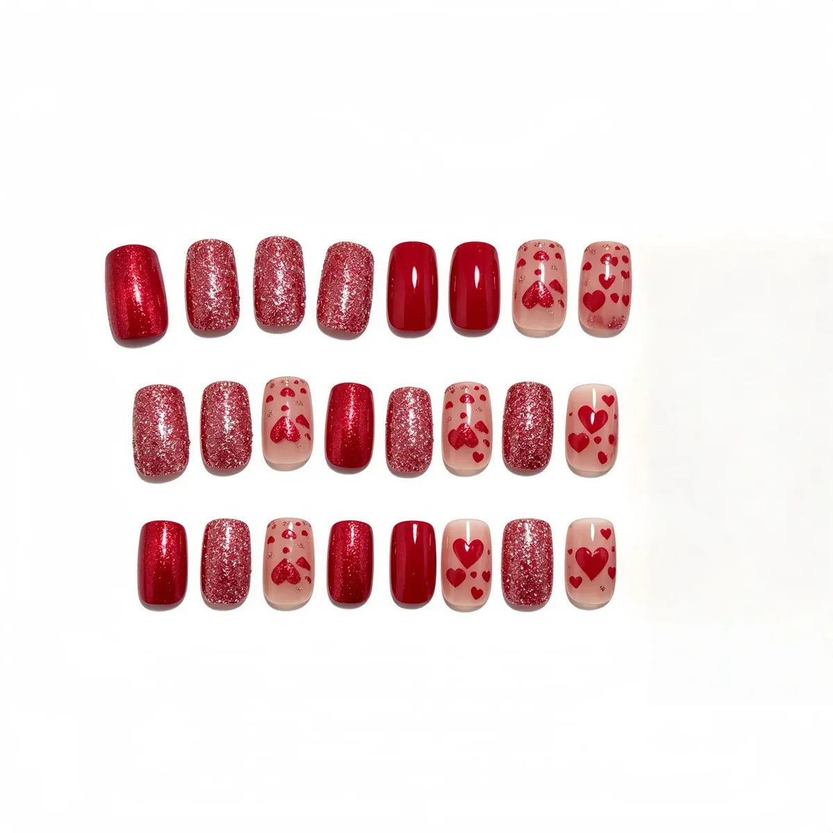 Kentrim Jelly Glue Red Kentrim Valentine's Day Red Heart Short Square Press On Nails - 24 Pieces (12 Sizes)