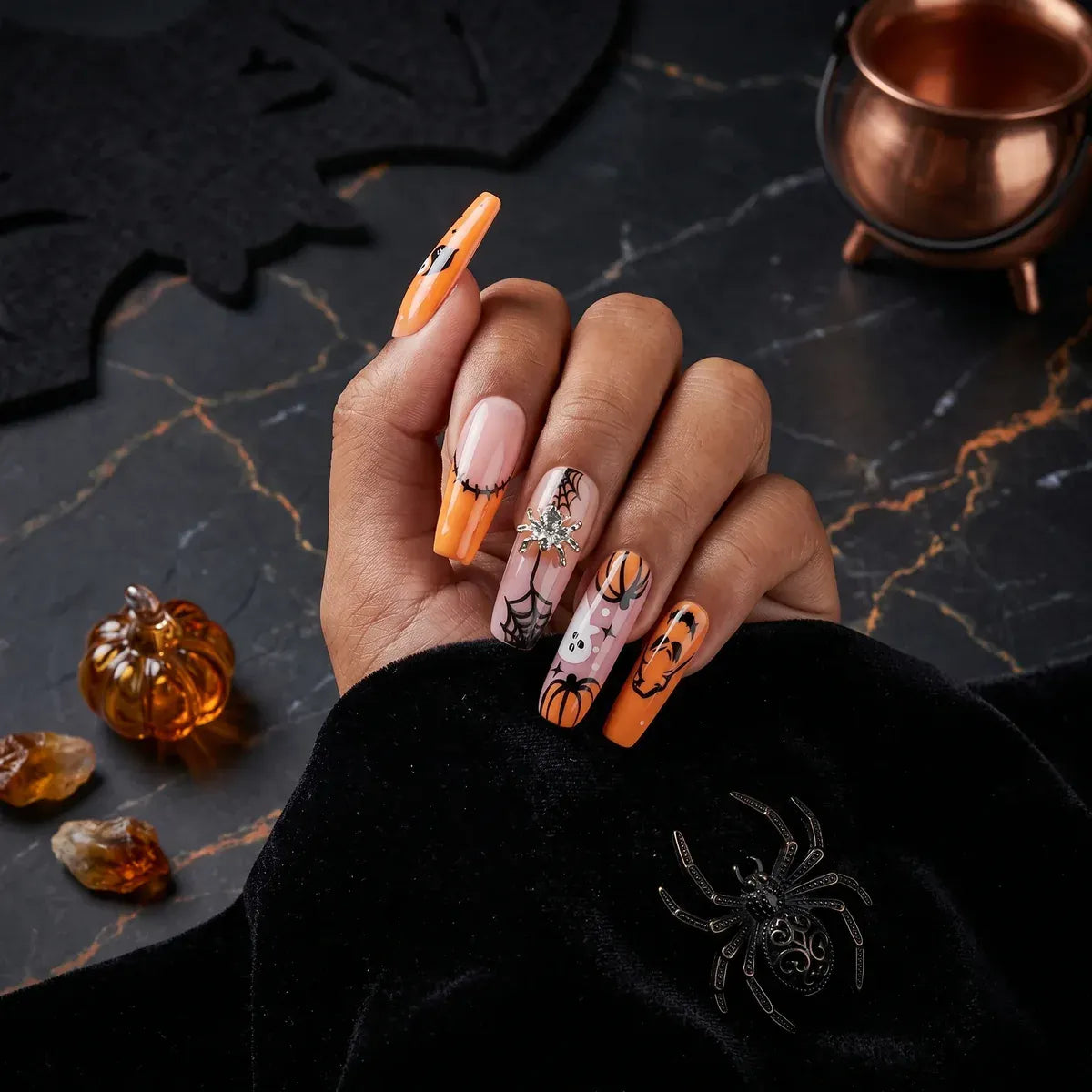 Kentrim Jelly Glue Orange Kentrim Orange Pumpkin Ghost Coffin Halloween Press On Nails - 24 Pieces (12 Sizes)