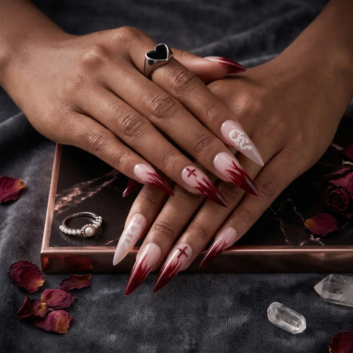 Kentrim Jelly Glue Red Kentrim Burgundy Blood Flame Dragon Cross Stiletto Press On Nails - 24 Pieces (12 Sizes)