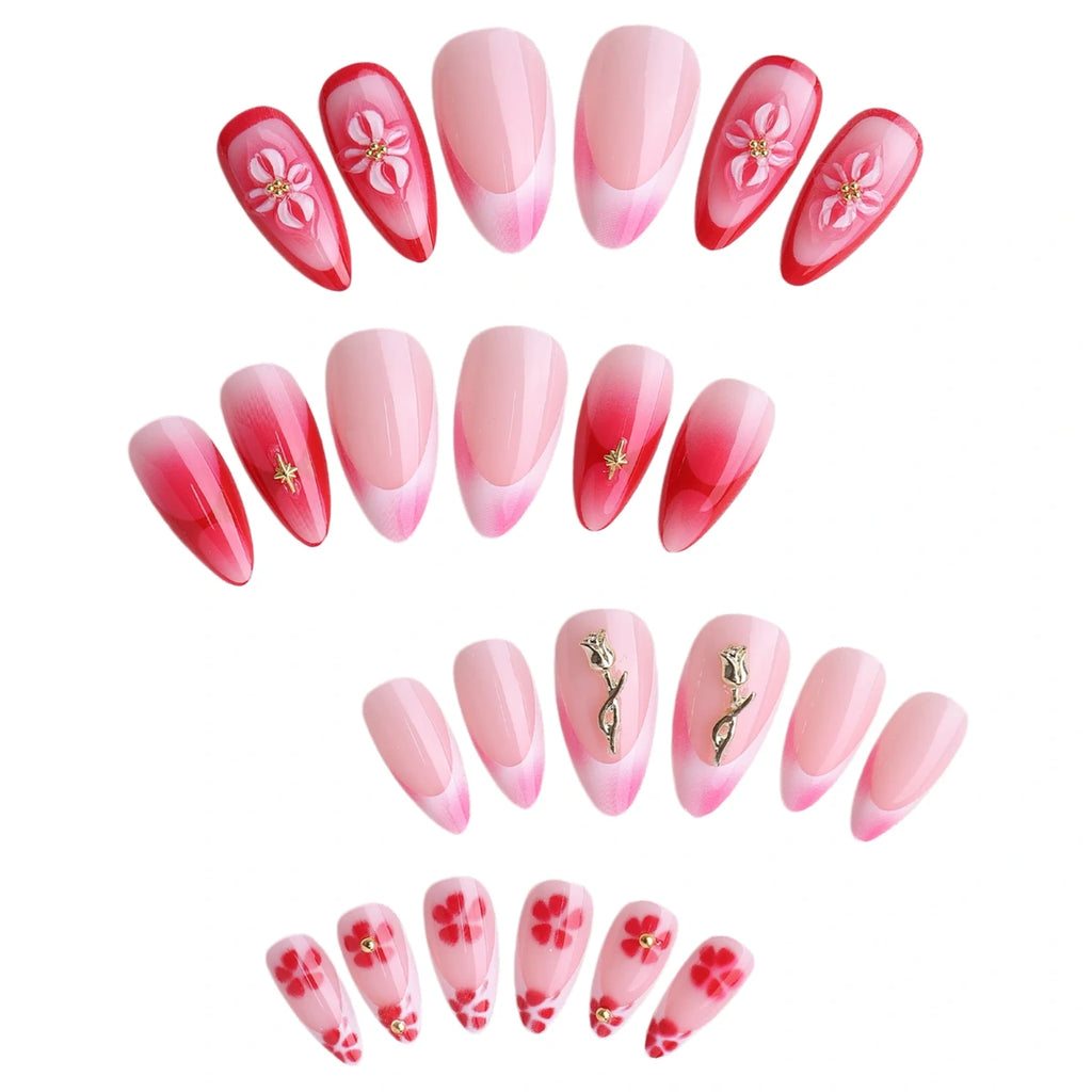 Kentrim Red Ombre Floral Almond Press On Nails-24 Pieces (12 Sizes)