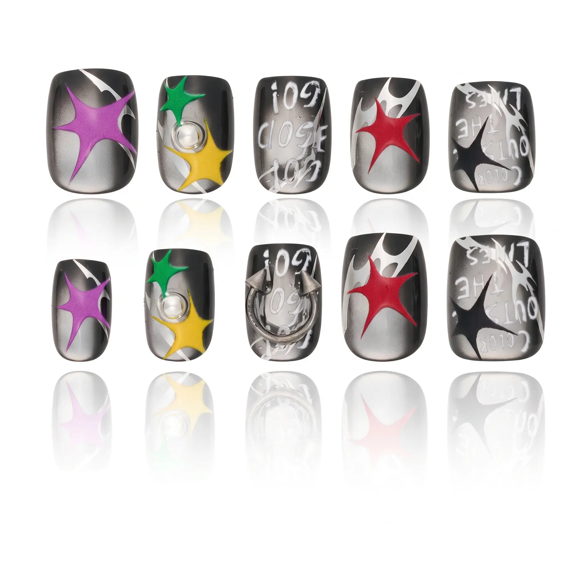 Kentrim Metallic Gradient Colorful Star Metal Ring Short Square Press On Nails - 30 Pieces, 15 Sizes Secondary image