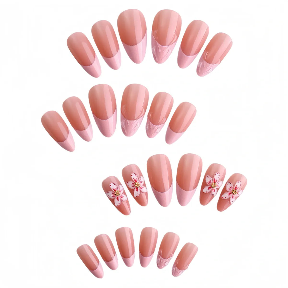 Kentrim Jelly Glue Pink Kentrim Cherry Blossom French Almond Press On Nails - 24 Pieces (12 Sizes)