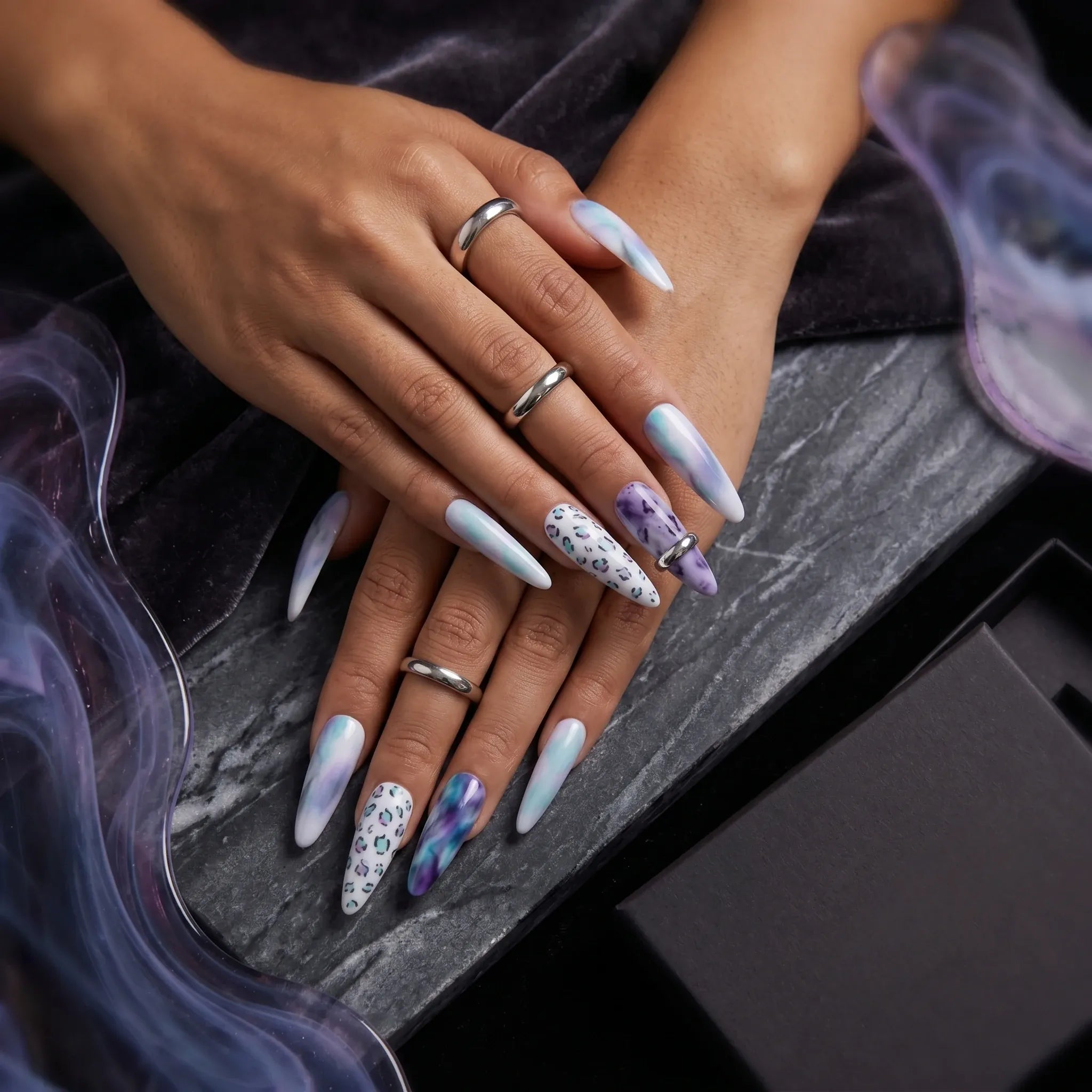 Kentrim Jelly Glue Purple Kentrim Tie-Dye Leopard Print Press On Nails with Silver Rings - 30 Pieces (15 Sizes)