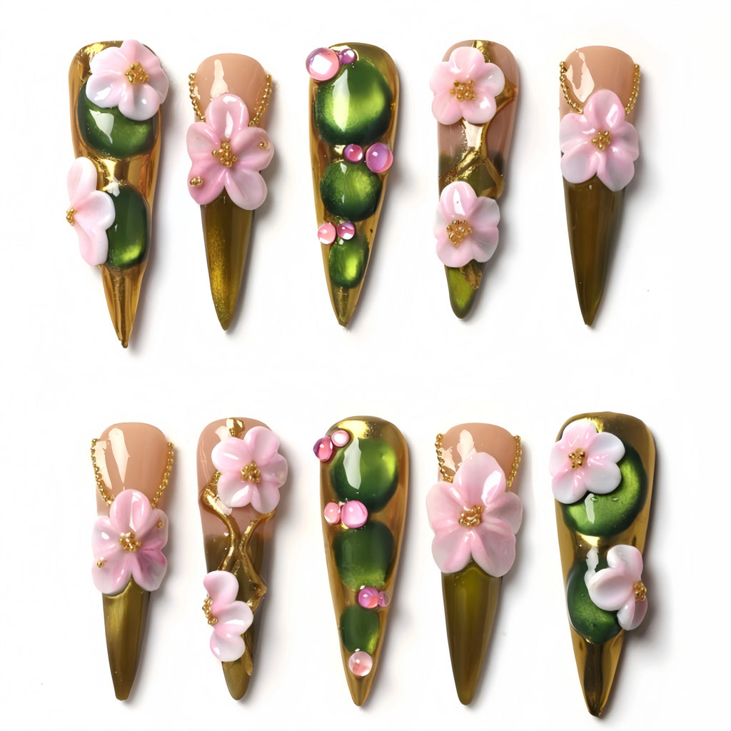 Kentrim 3D Sakura Jade Press On Nails- 10 Pieces (Single Size)