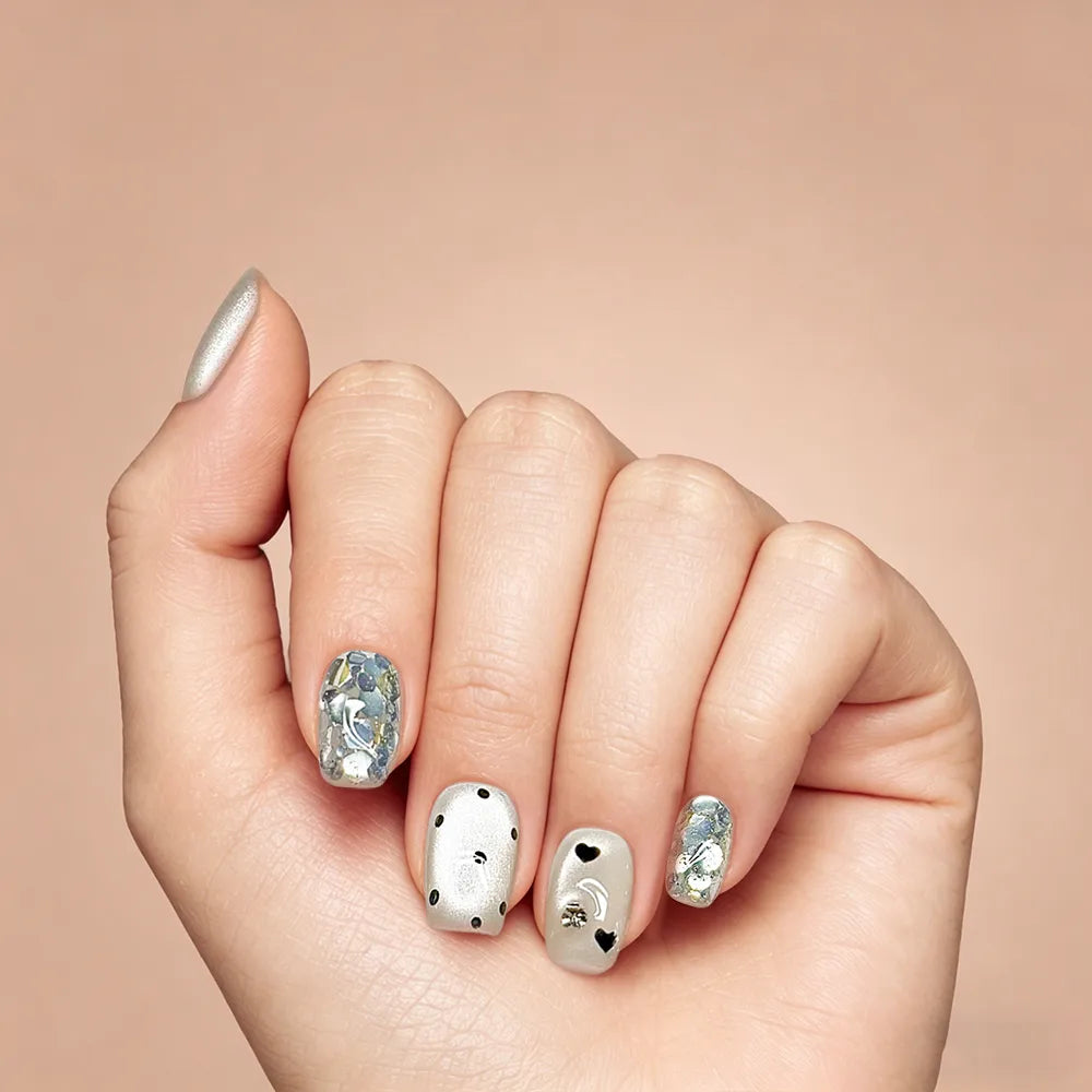 Kentrim Nude White Heart Rhinestone Glitter Short Square Press On Nails - 10 Pieces (Single Size)