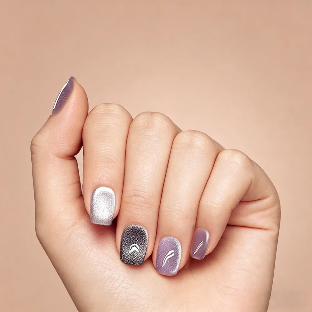 Kentrim Purple Silver Cat Eye Press On Nails - 10 Pieces (Single Size, Square/Round)
