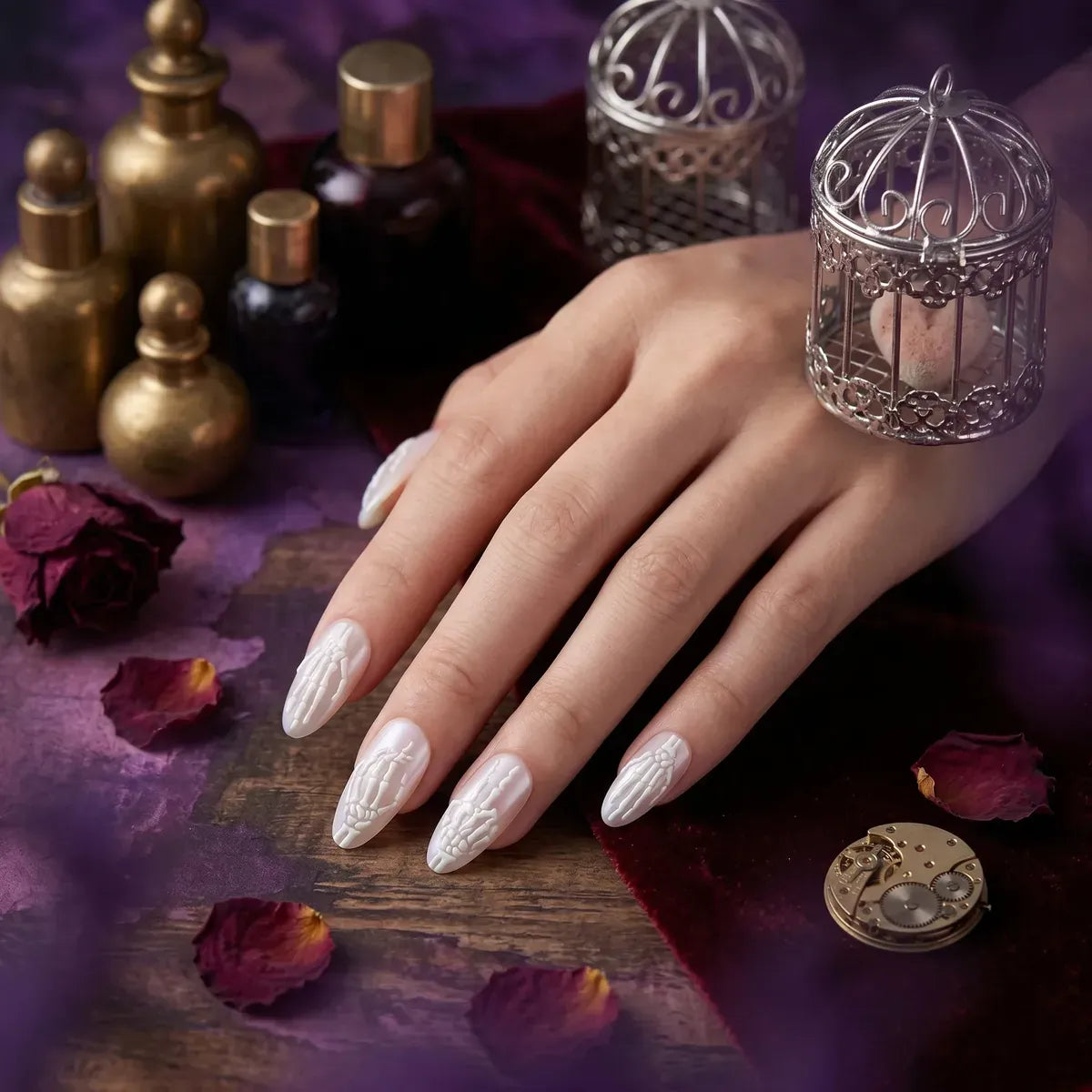Kentrim Jelly Glue White Kentrim 3D Skeleton Hand Almond Halloween Press On Nails - 24 Pieces (12 Sizes)