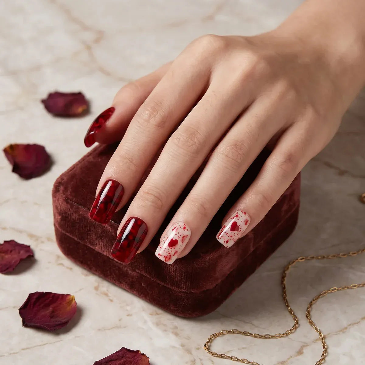 Kentrim Jelly Glue Red Kentrim Wine Red Tortoiseshell & Heart Medium Square Press On Nails - 24 Pieces (12 Sizes)