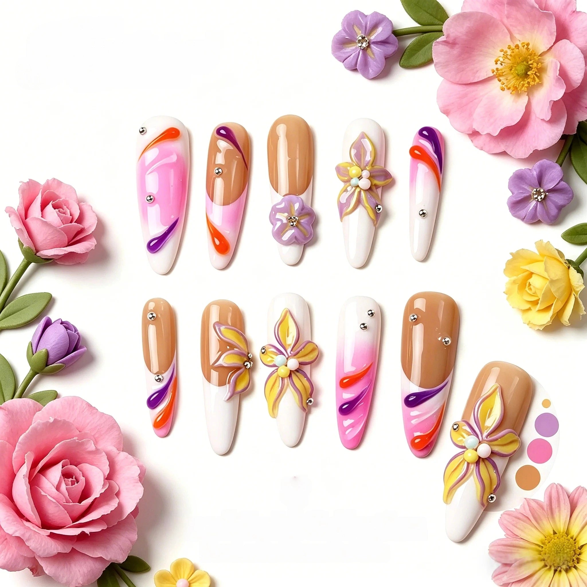 Kentrim 3D Floral Swirl Press On Nails- 10 Pieces (Single Size)