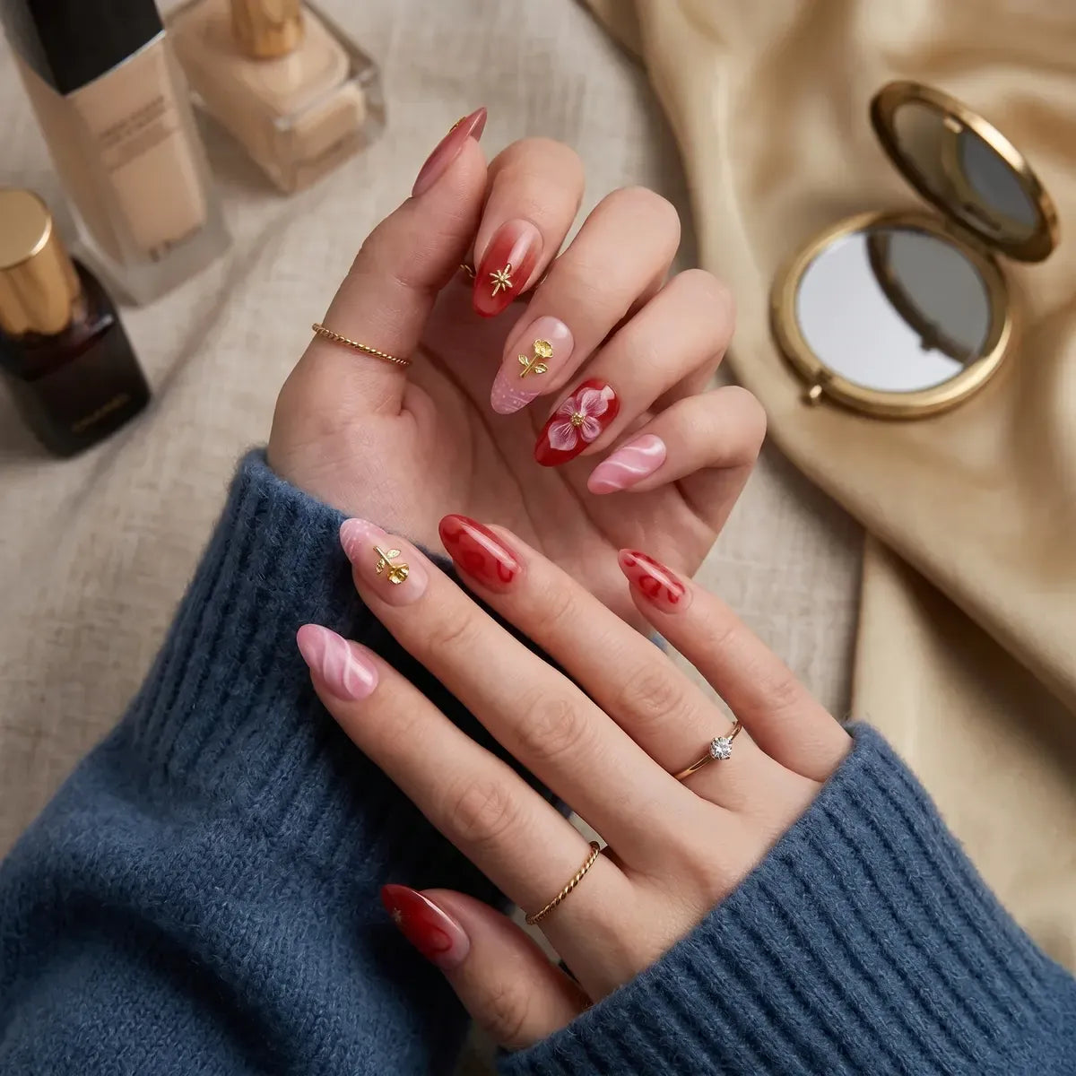 Kentrim Red Ombre Floral Almond Press On Nails - 24 Pieces (12 Sizes) Secondary image