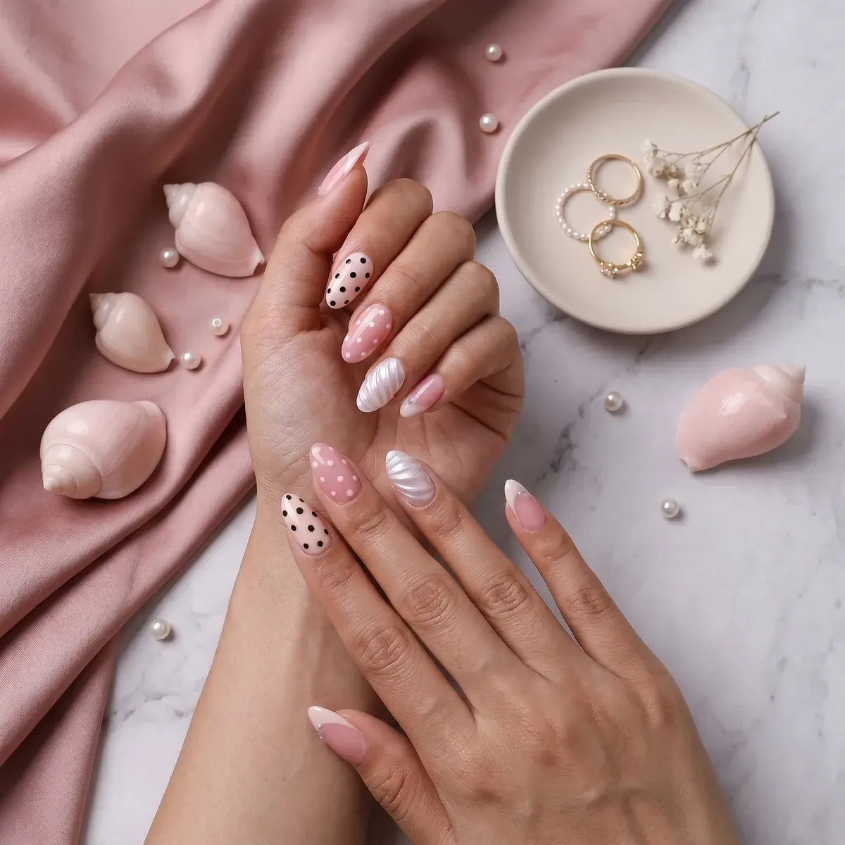 Kentrim Jelly Glue Pink Kentrim Pink & White Polka Dot with Shell Texture Press On Nails - 24 Pieces (12 Sizes)