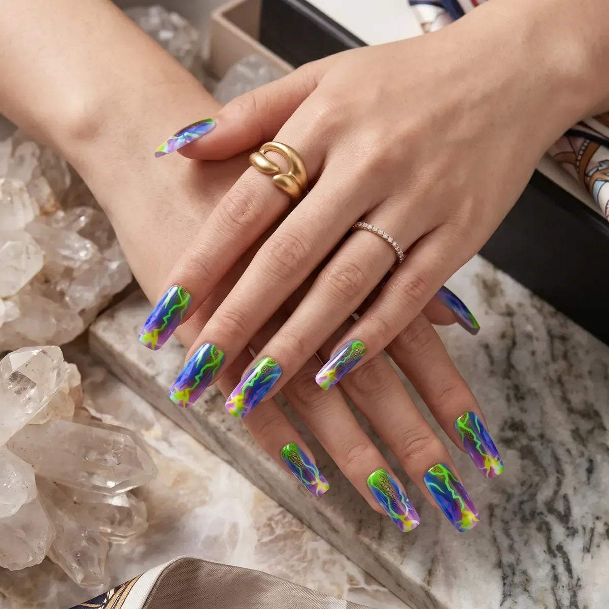 Kentrim Jelly Glue Green Kentrim Neon Lightning Multicolor Medium Square Press On Nails - 24 Pieces (12 Sizes)