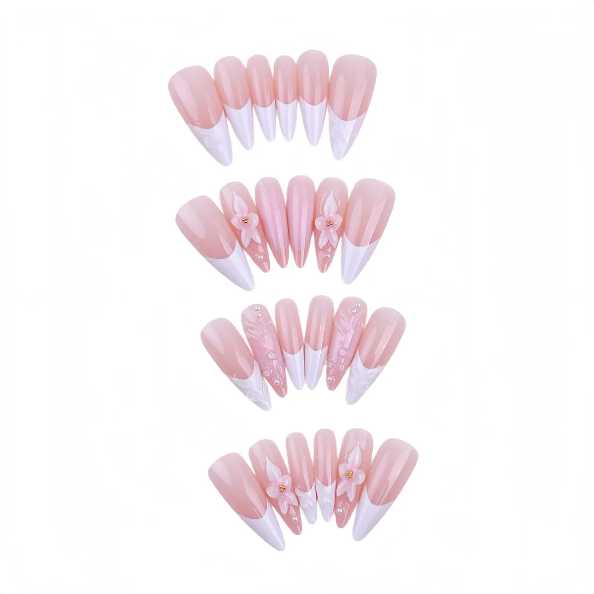 Kentrim Nude press on nails with white French tips and 3D flower design, 24-piece set with 12 sizes for natural-looking manicures. Main image