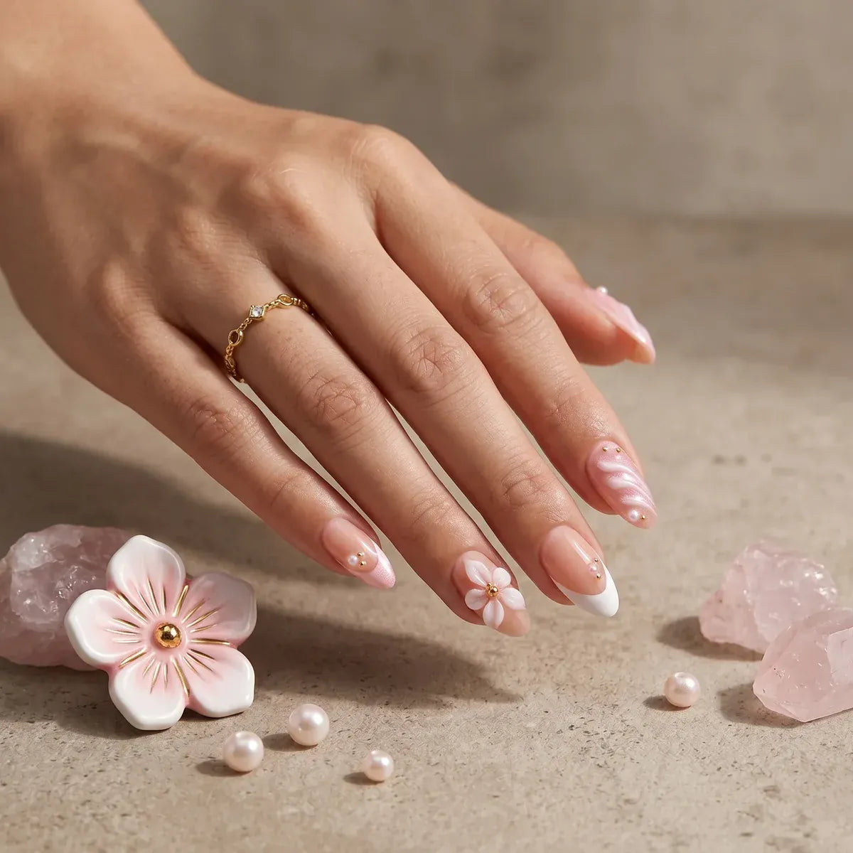 Kentrim Jelly Glue Pink Kentrim Peach Floral Almond Press On Nails-24Pieces(12 Sizes)