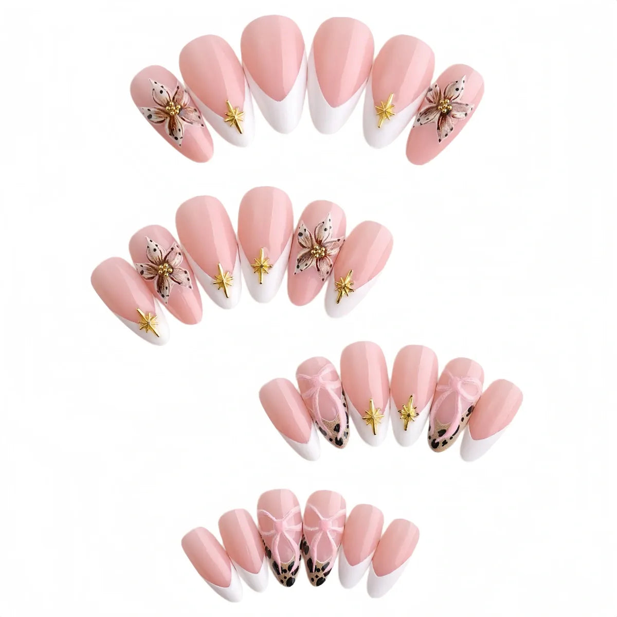 Kentrim nude pink French press-on nails with leopard and bow details, 24-piece set showing various nail sizes and designs. Main image