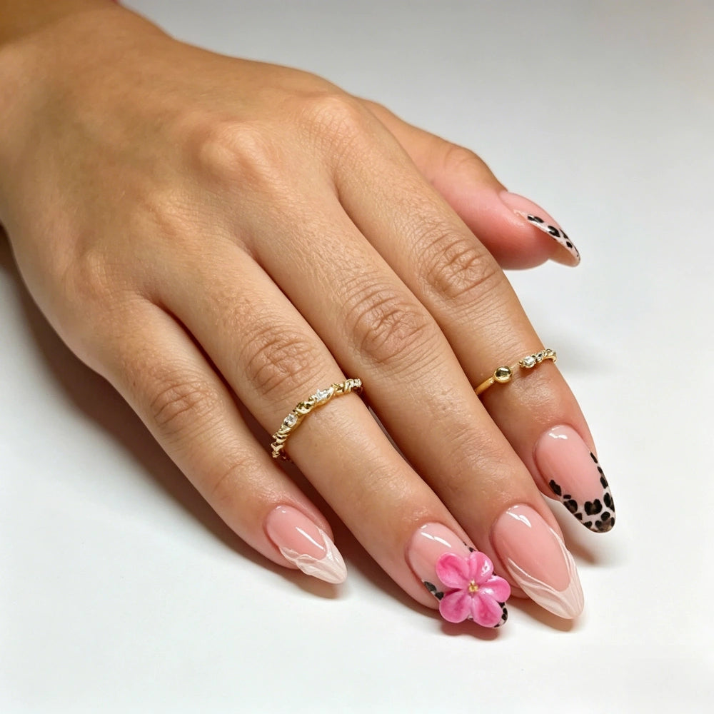 Kentrim Pink Leopard French Tip 3D Flower Medium Almond Press On Nails - 24 Pieces, 12 Sizes