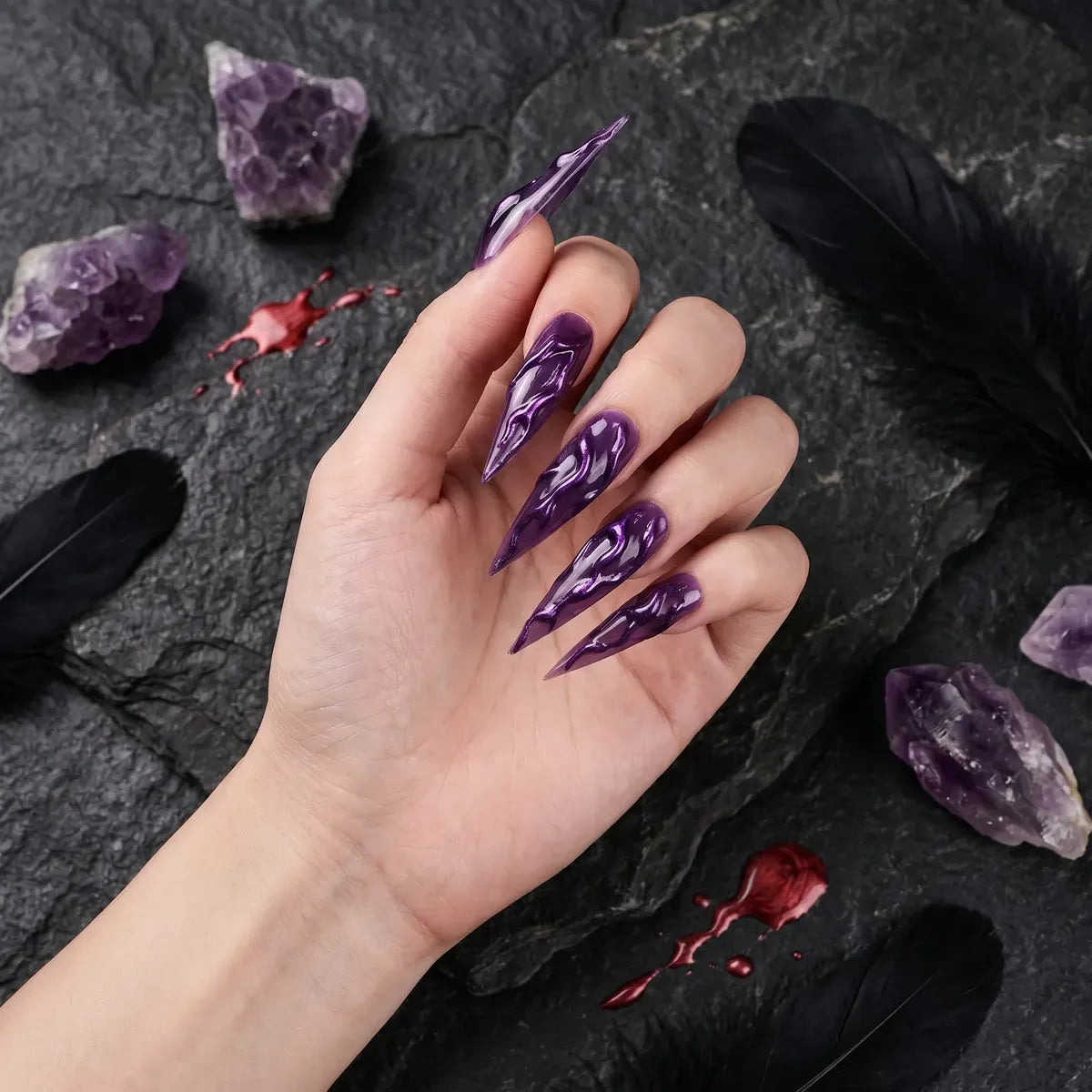 Kentrim Jelly Glue Purple Kentrim 3D Metallic Swirl Purple Halloween Stiletto Press On Nails - 24 Pieces (12 Sizes)