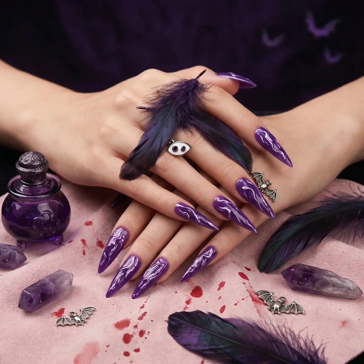 Kentrim Jelly Glue Purple Kentrim 3D Metallic Swirl Purple Halloween Stiletto Press On Nails - 24 Pieces (12 Sizes)