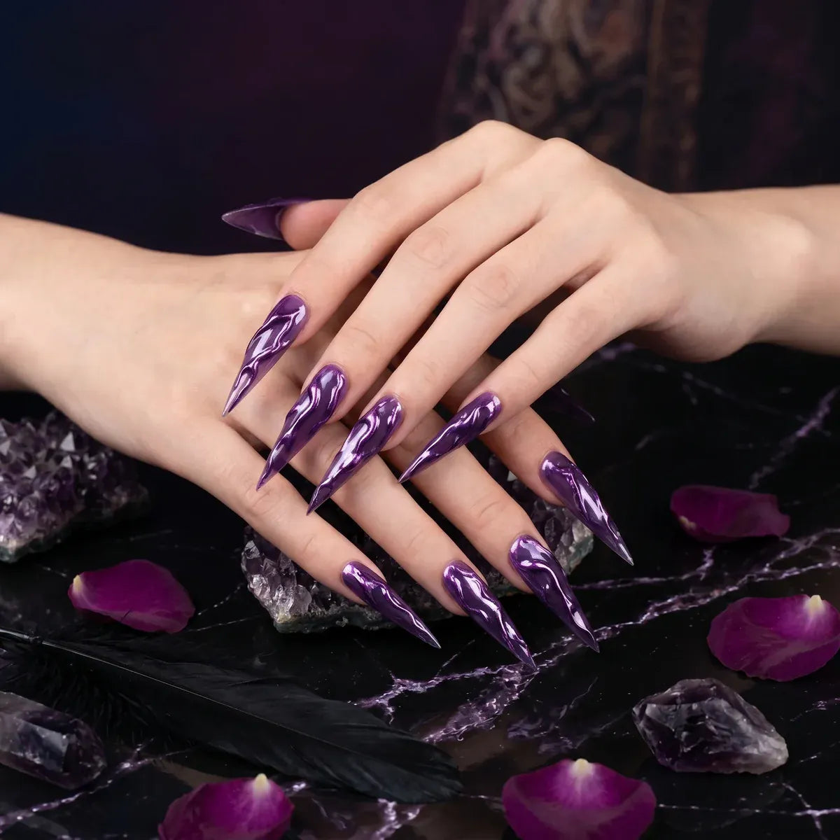 Kentrim 3D metallic swirl purple Halloween stiletto press-on nails, extra long, 24-piece set with 12 sizes, featuring witch-inspired design. Main image