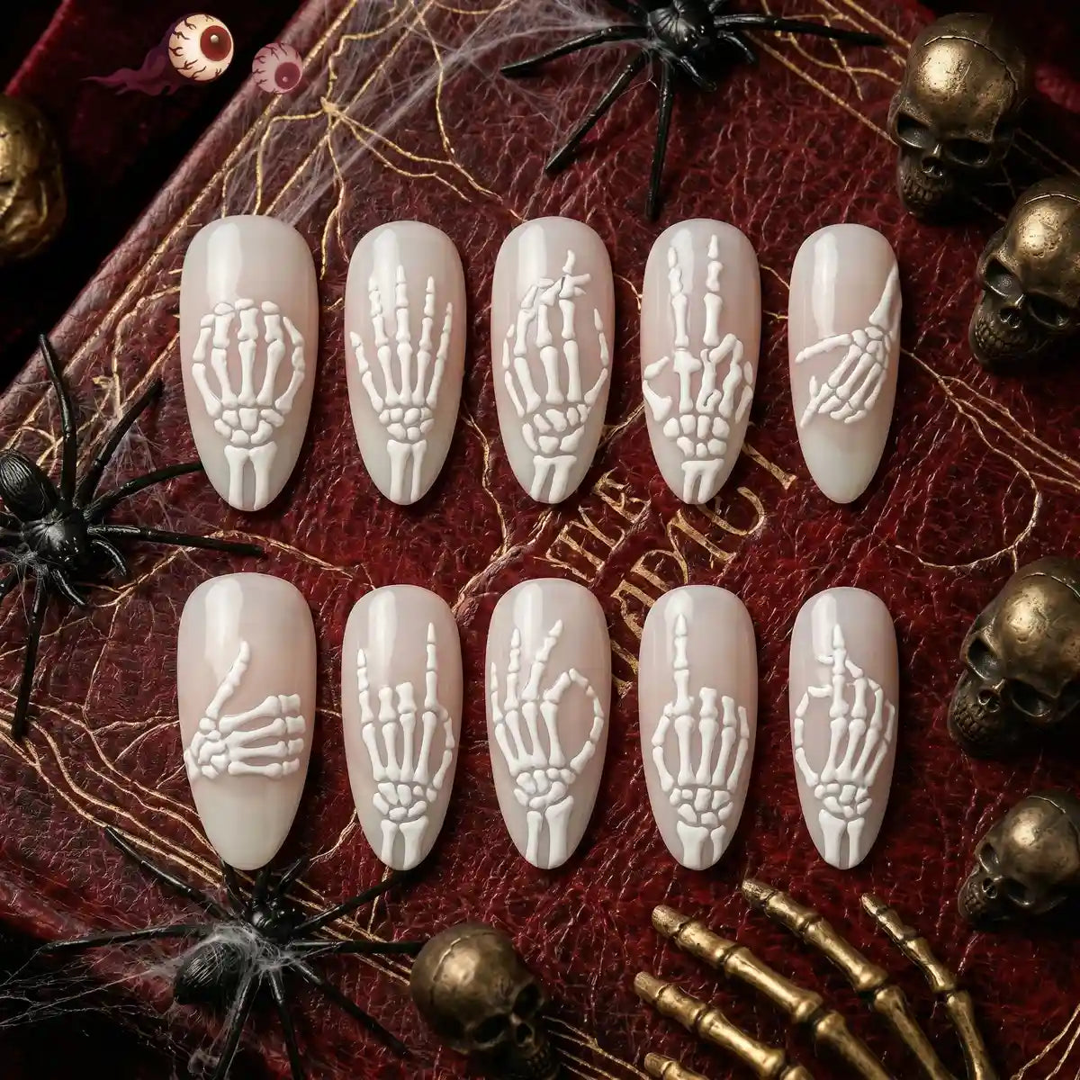Kentrim Jelly Glue White Kentrim 3D Skeleton Hand Almond Halloween Press On Nails - 24 Pieces (12 Sizes)