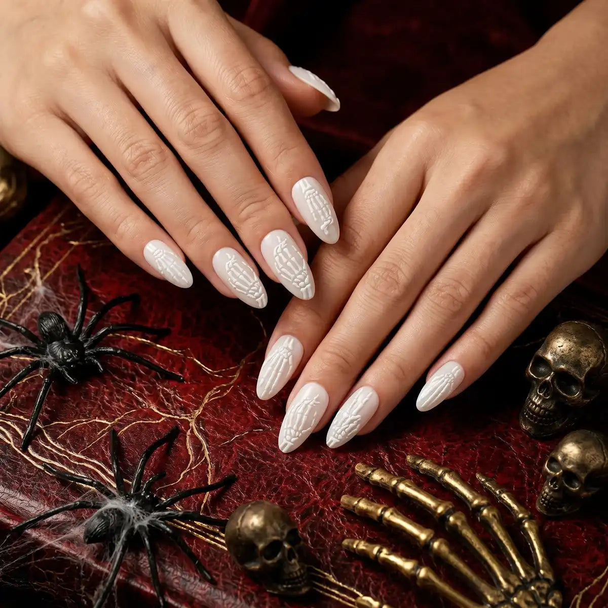 Kentrim Jelly Glue White Kentrim 3D Skeleton Hand Almond Halloween Press On Nails - 24 Pieces (12 Sizes)