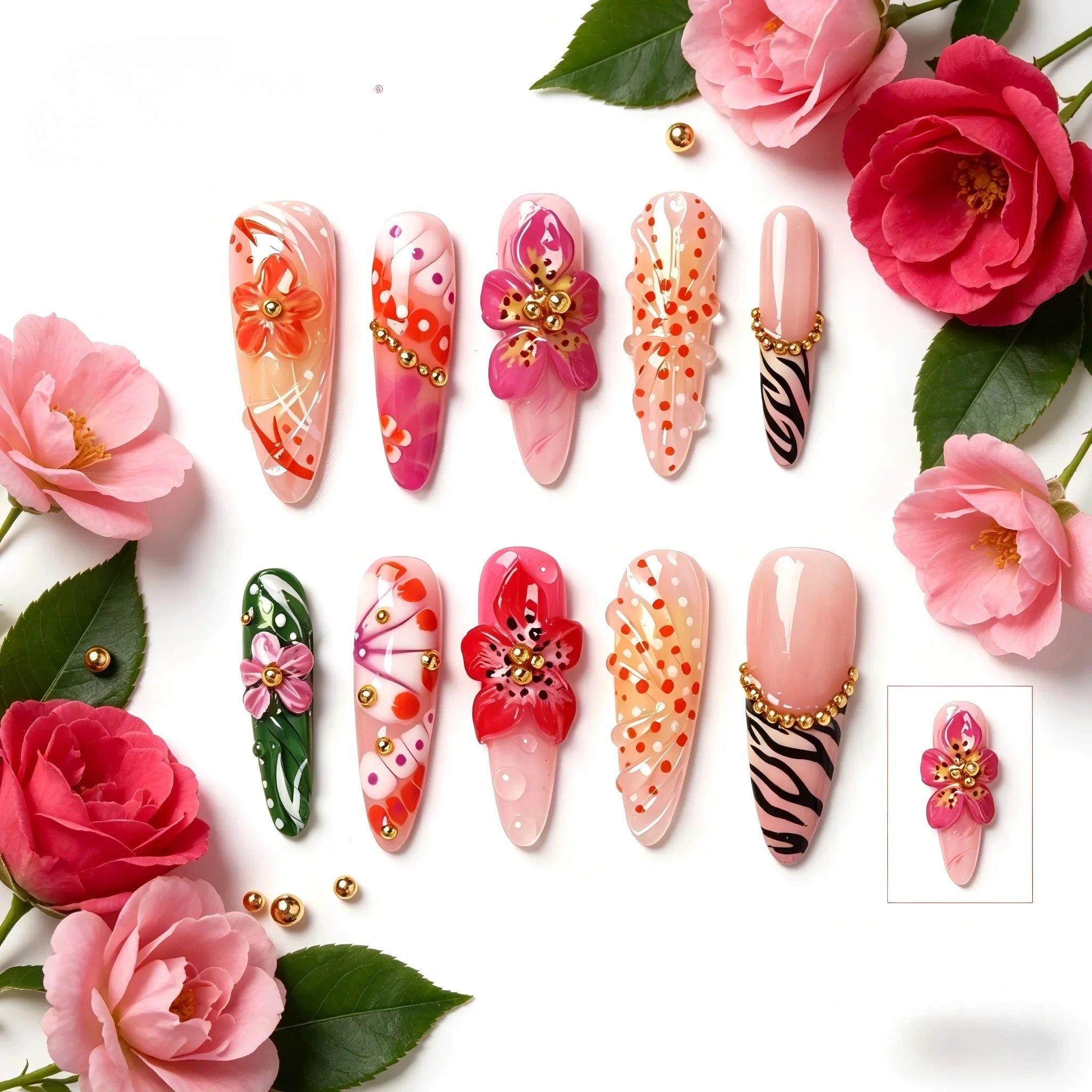Kentrim Spring Garden 3D Floral Press On Nails- 10 Pieces (Single Size)