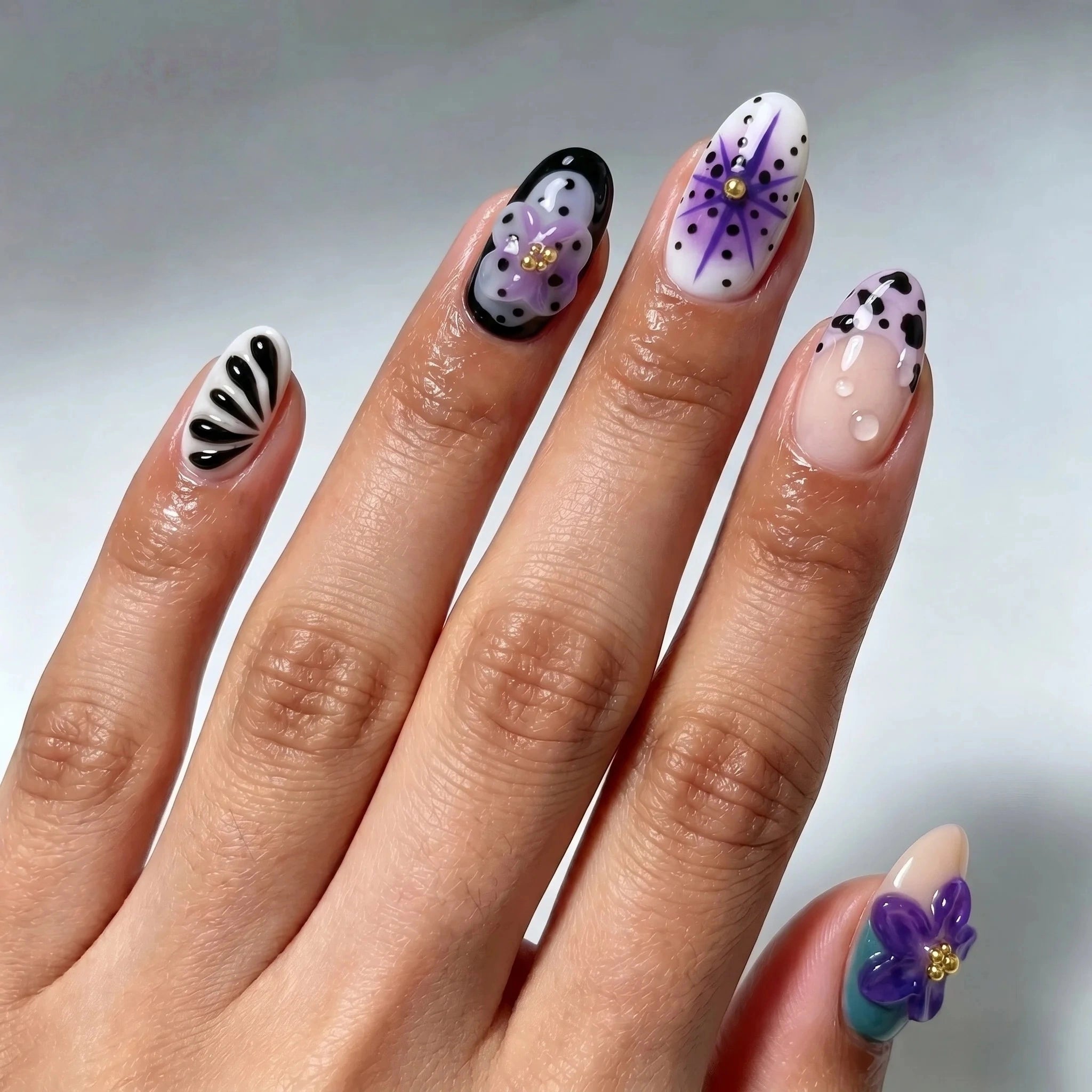 Kentrim Purple Floral Cow Print Press On Nails- 10 Pieces (Single Size)