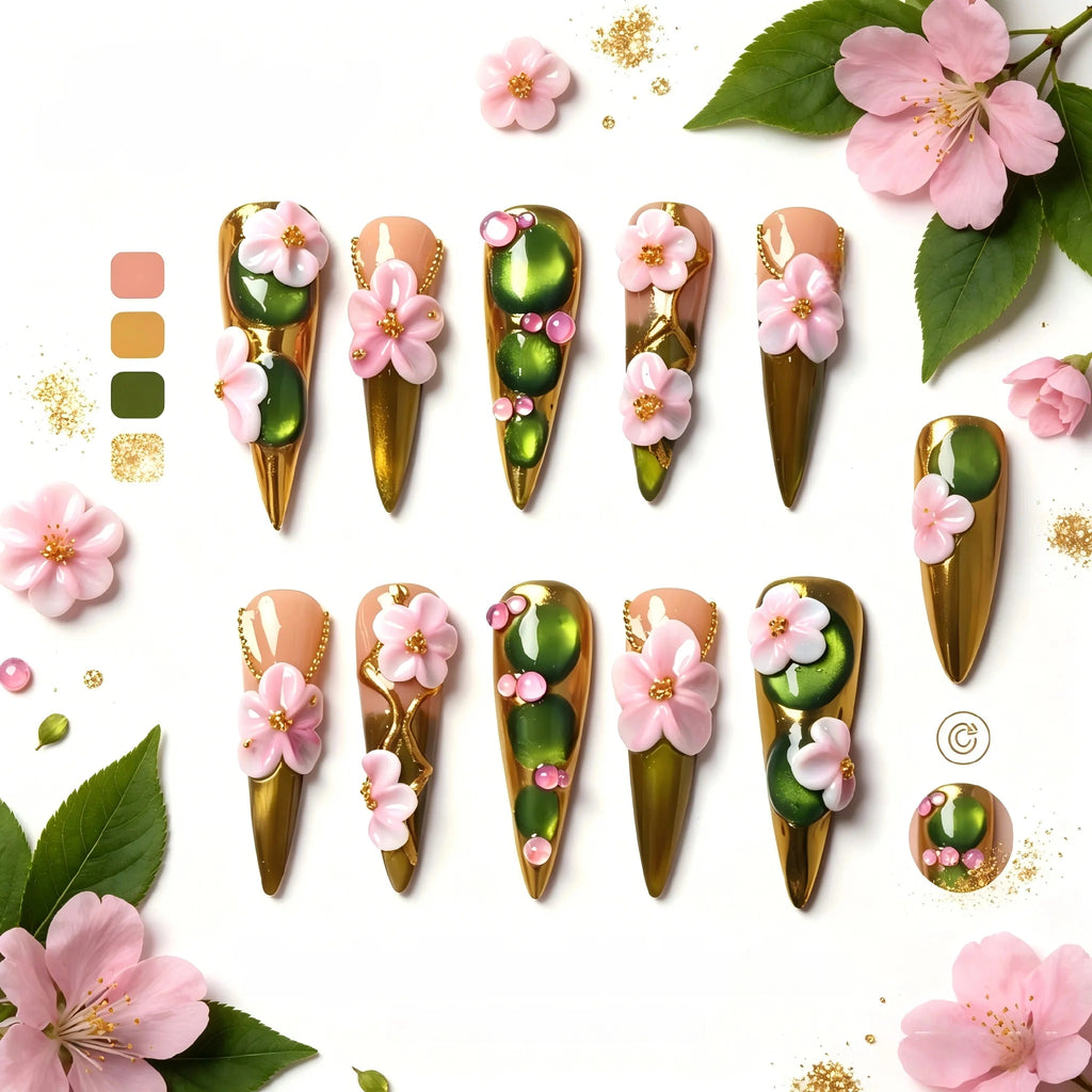 Kentrim 3D Sakura Jade Press On Nails- 10 Pieces (Single Size)
