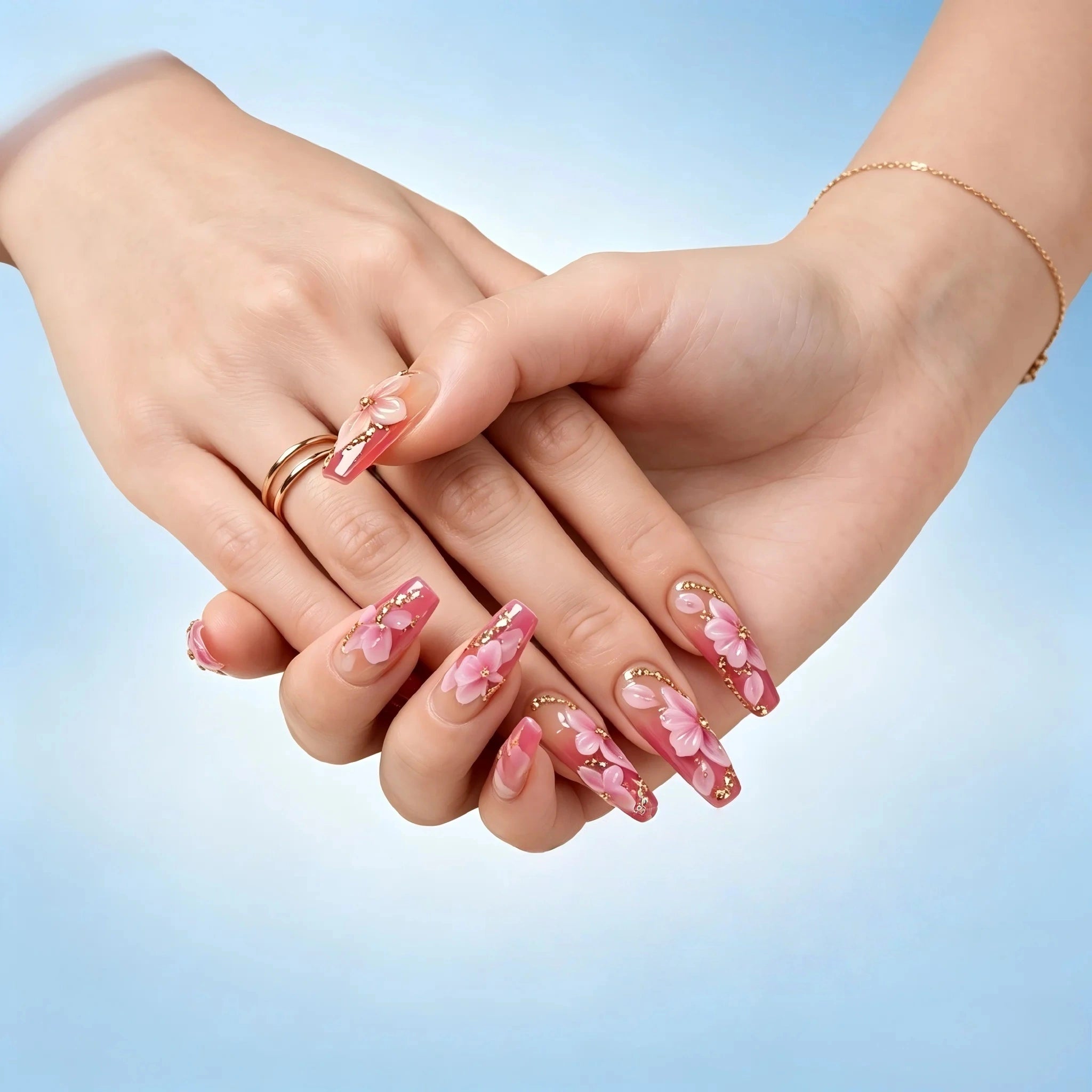 Kentrim 3D Pink Flower Ombre Press On Nails- 10 Pieces (Single Size)