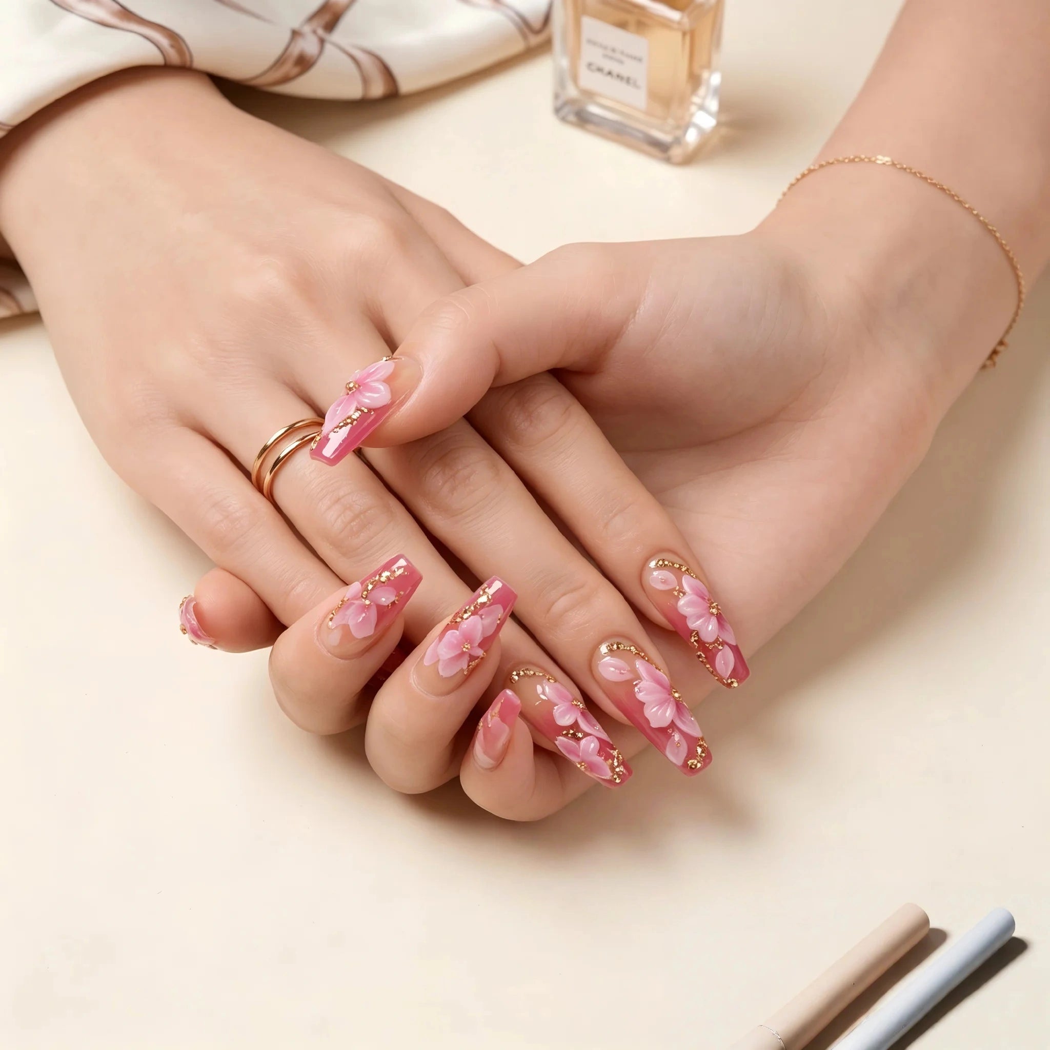 Kentrim 3D Pink Flower Ombre Press On Nails- 10 Pieces (Single Size)