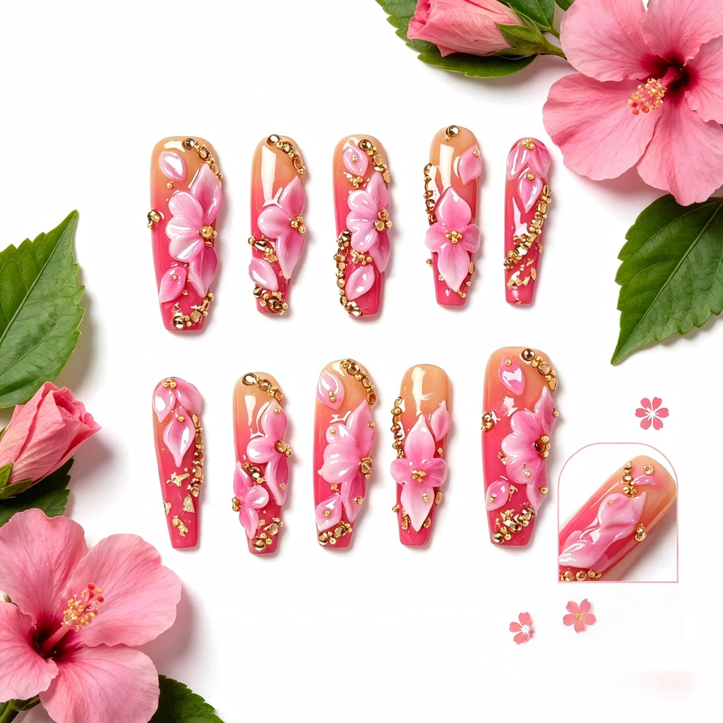 Kentrim 3D Pink Flower Ombre Press On Nails- 10 Pieces (Single Size)