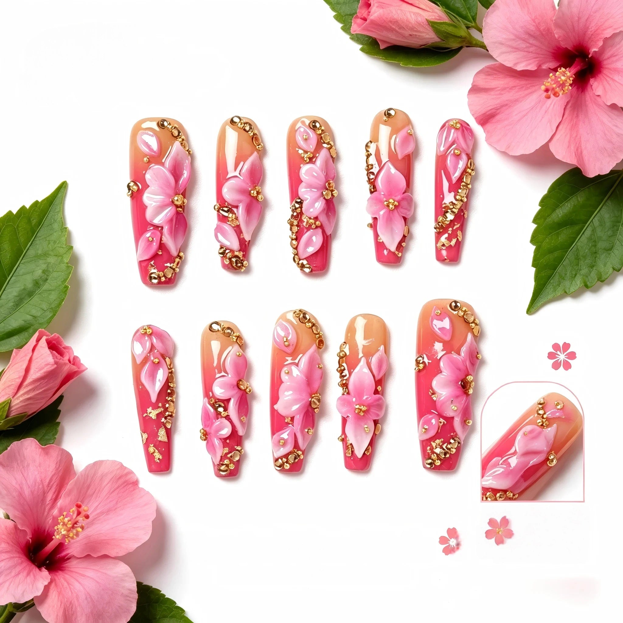 Kentrim 3D Pink Flower Ombre Press On Nails- 10 Pieces (Single Size)