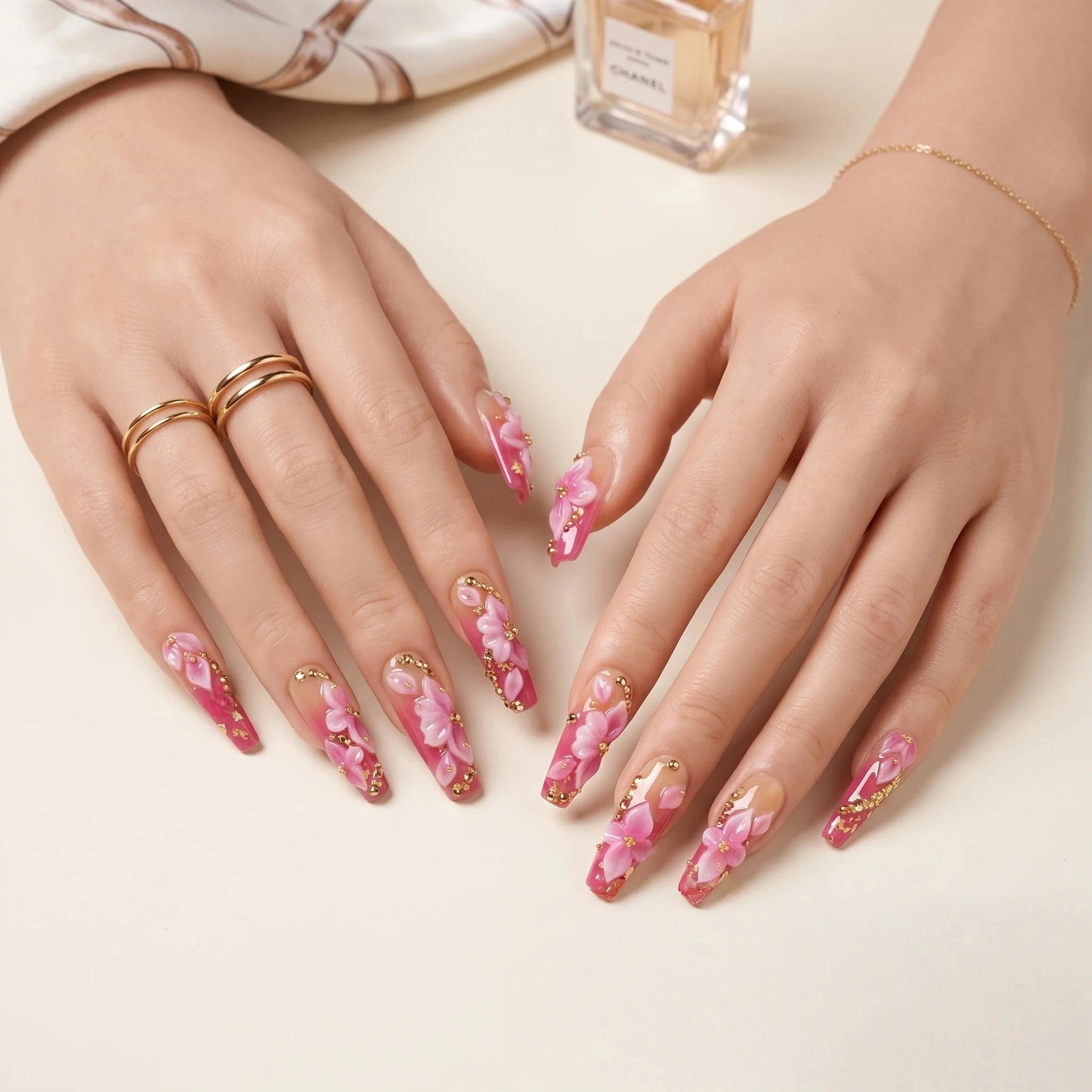 Kentrim 3D Pink Flower Ombre Press On Nails- 10 Pieces (Single Size) Secondary image
