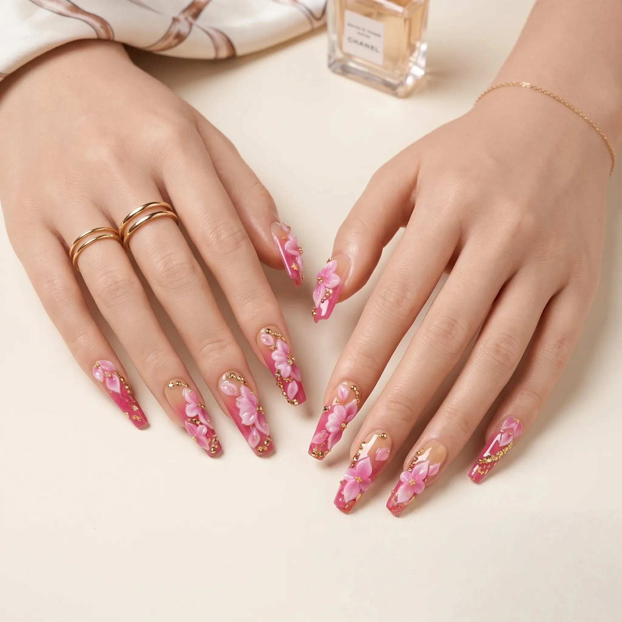 Kentrim 3D pink flower ombre press on nails set with gold beads, long coffin shape, reusable fake nails for women, 10 pieces Main image
