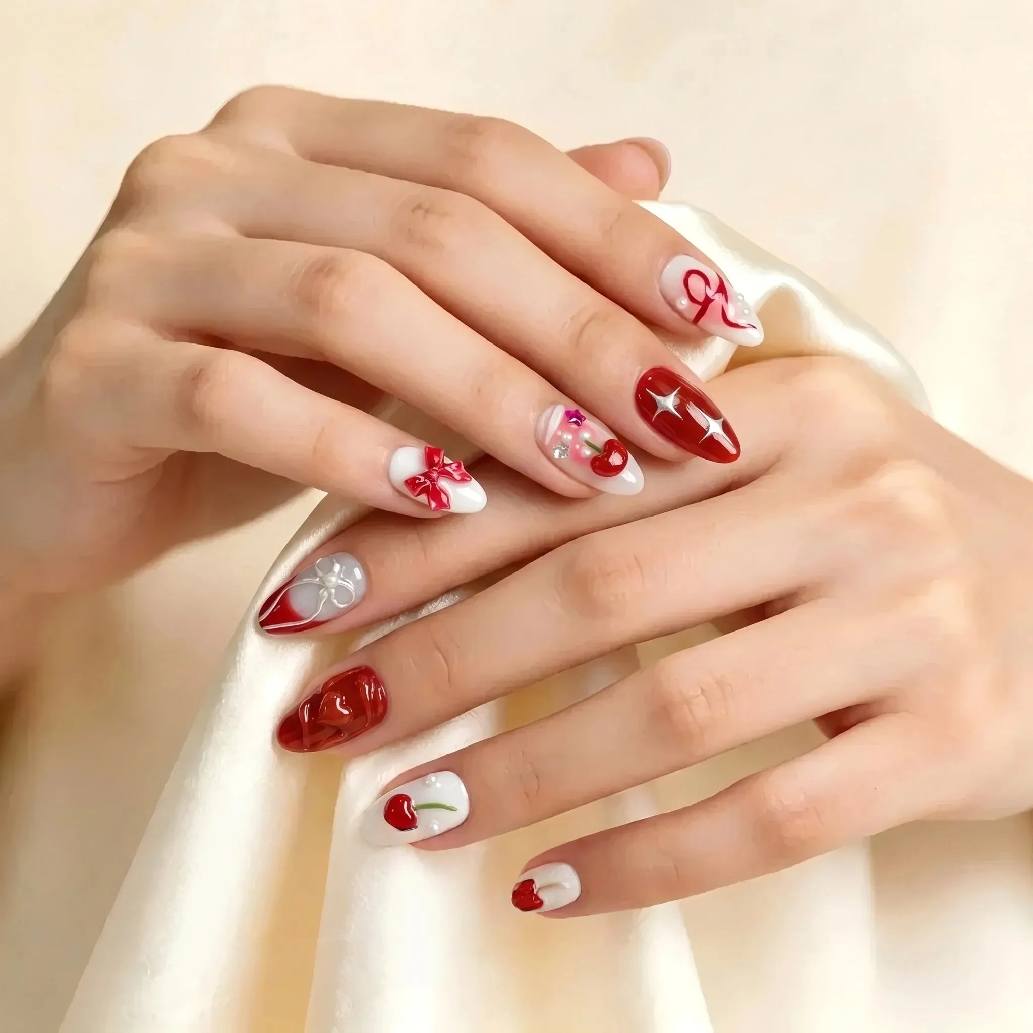 Kentrim 3D Red Cherry Bow press-on nails with rhinestones, reusable fake nails, 10-piece set, single size for stylish nail art. Main image