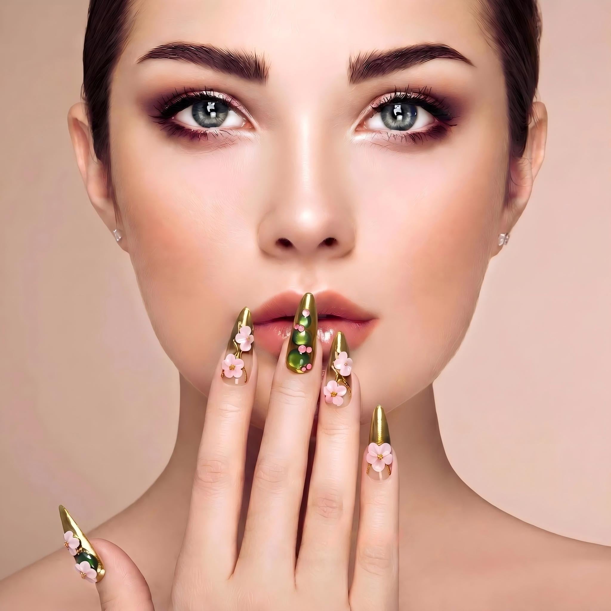 Kentrim 3D Sakura Jade Press On Nails- 10 Pieces (Single Size)