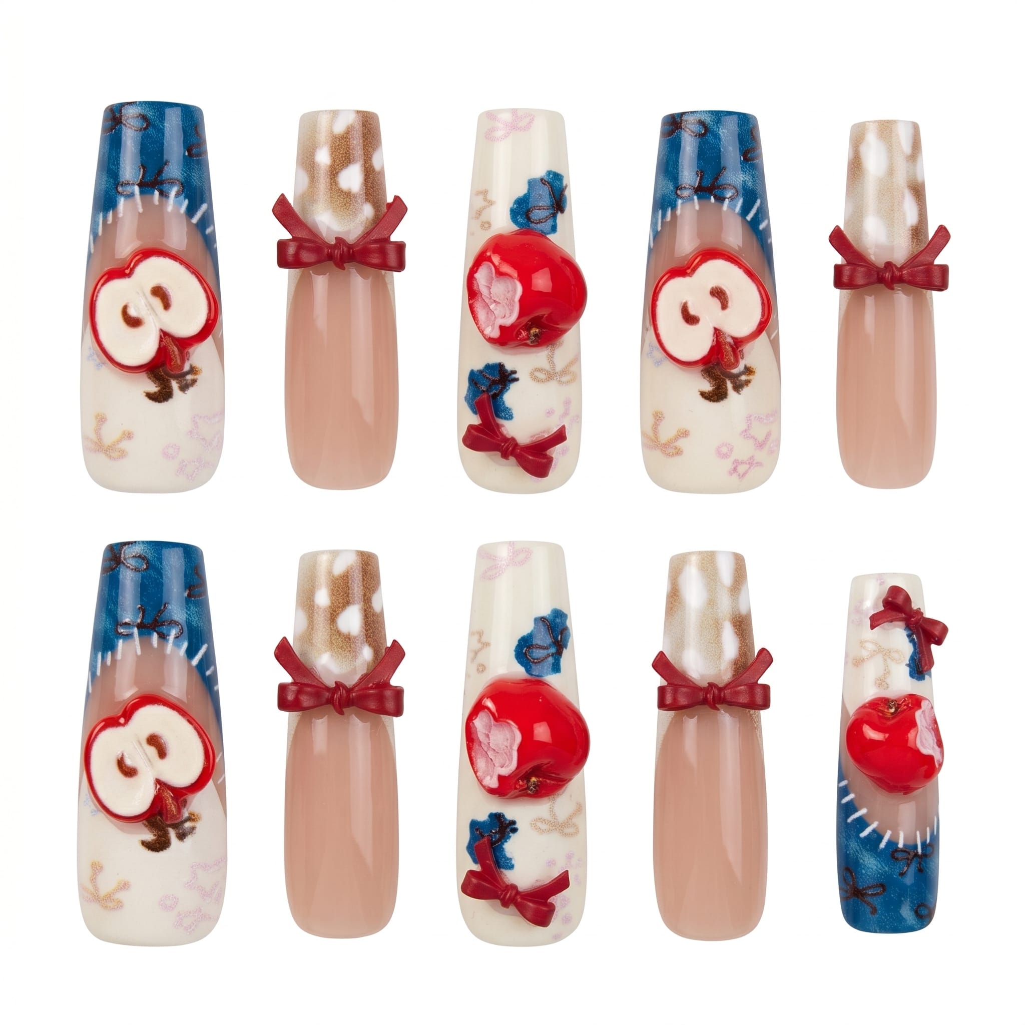 Kentrim Snow White Themed 3D Apple & Bow Long Square Press On Nails - 30 Pieces (15 Sizes) Secondary image
