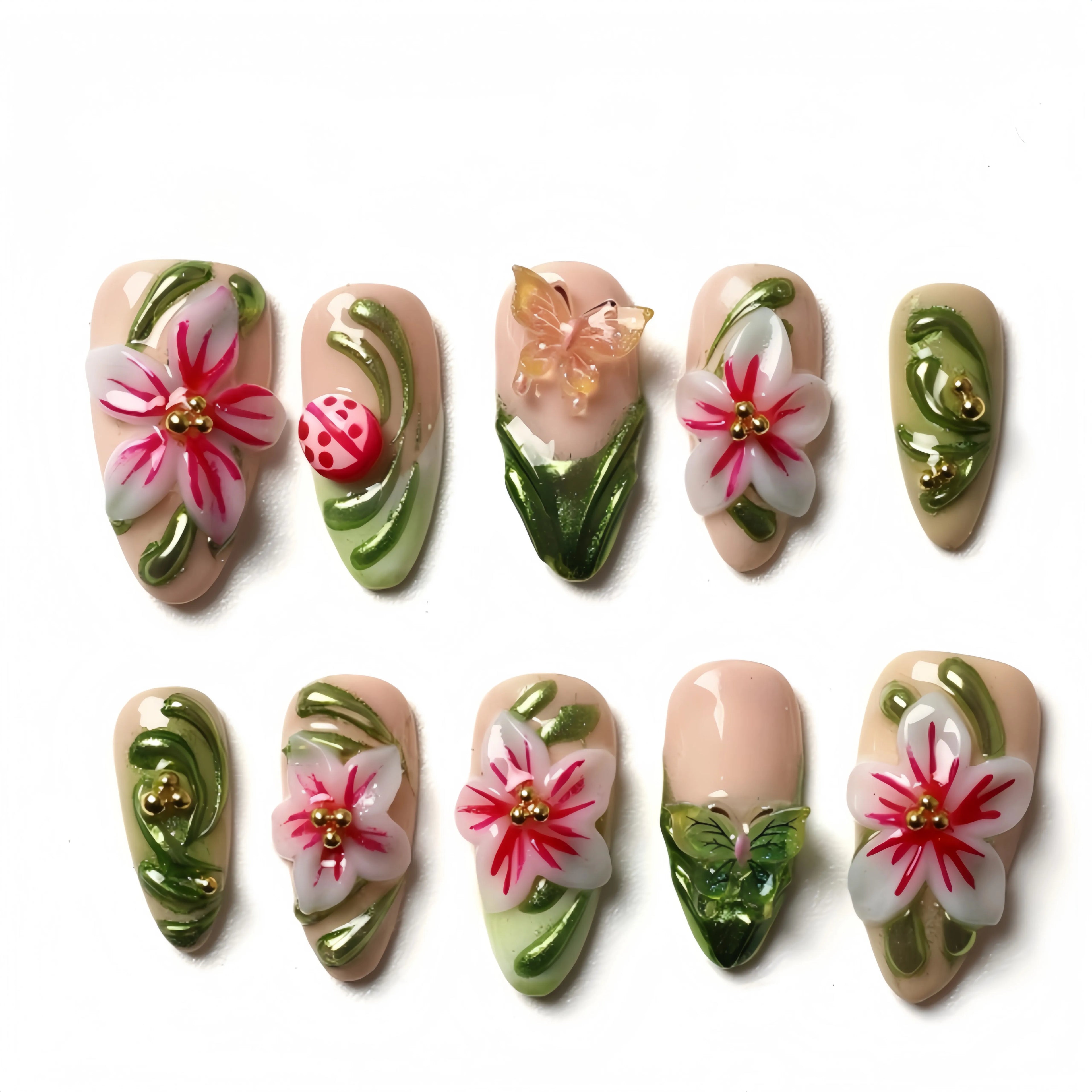 Kentrim Floral Garden 3D Press On Nails- 10 Pieces (Single Size)