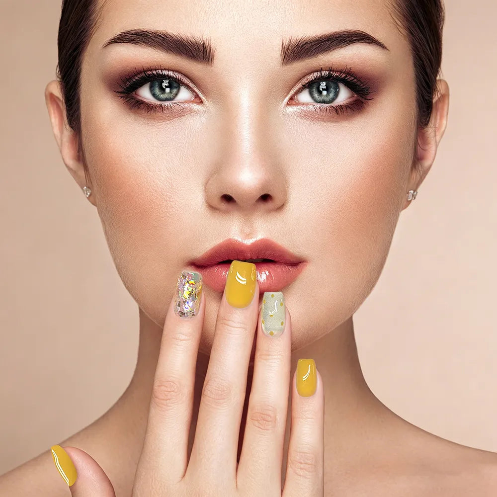 Kentrim Yellow Glitter Polka Dot Short Square Press On Nails - 10 Pieces (Single Size) Secondary image