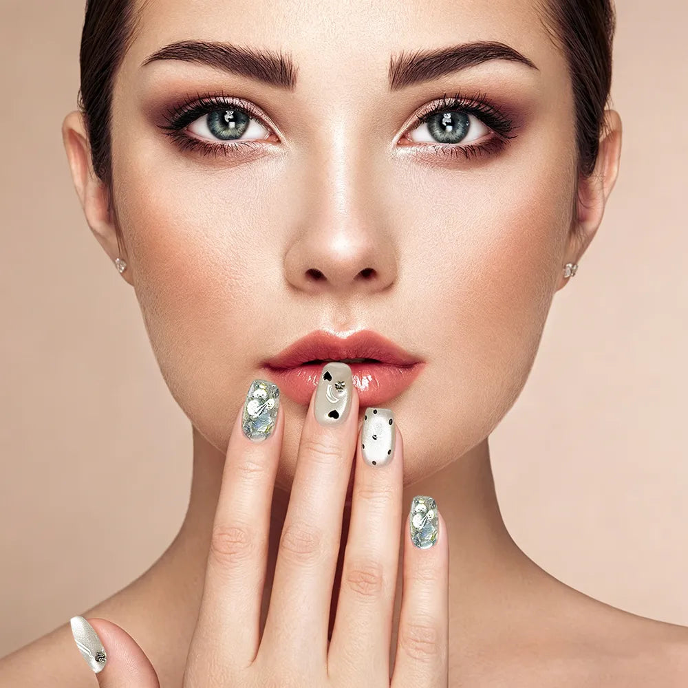 Kentrim Nude White Heart Rhinestone Glitter Short Square Press On Nails - 10 Pieces (Single Size) Secondary image