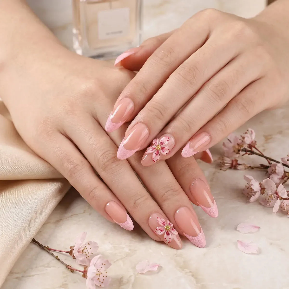 Kentrim Jelly Glue Pink Kentrim Cherry Blossom French Almond Press On Nails - 24 Pieces (12 Sizes)