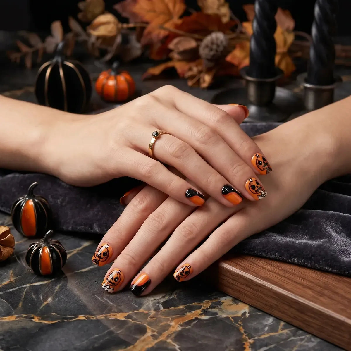 Kentrim Jelly Glue Orange Kentrim Halloween Pumpkin Short Square Press On Nails - 24 Pieces (12 Sizes)