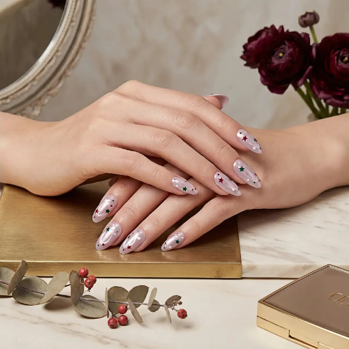 Kentrim Jelly Glue Pink Kentrim Light Pink Christmas Star & Dot Press On Nails - 30 Pieces (15 Sizes)