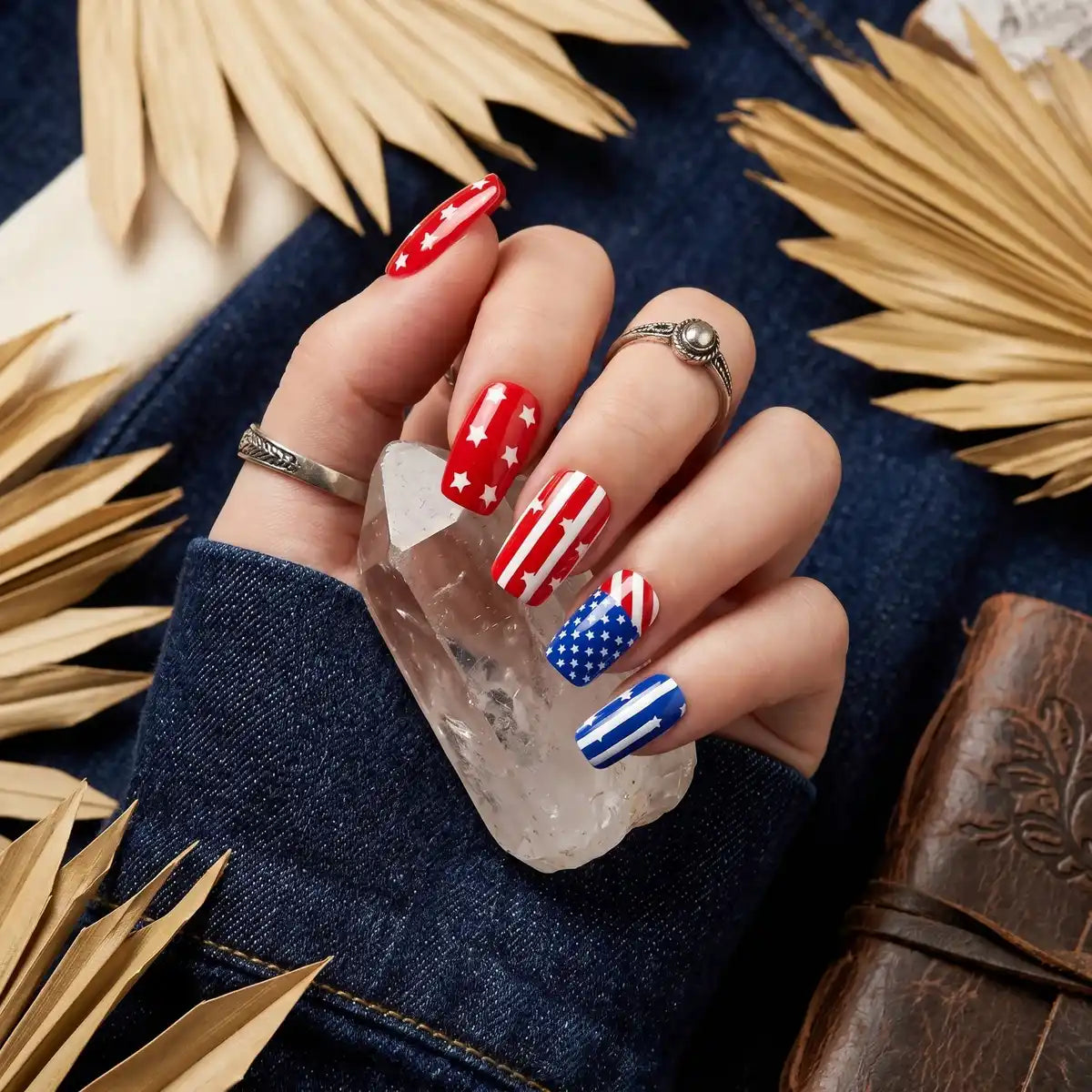 Kentrim Jelly Glue Red Kentrim American Flag Star & Stripe Short Square Press On Nails - 24 Pieces (12 Sizes)