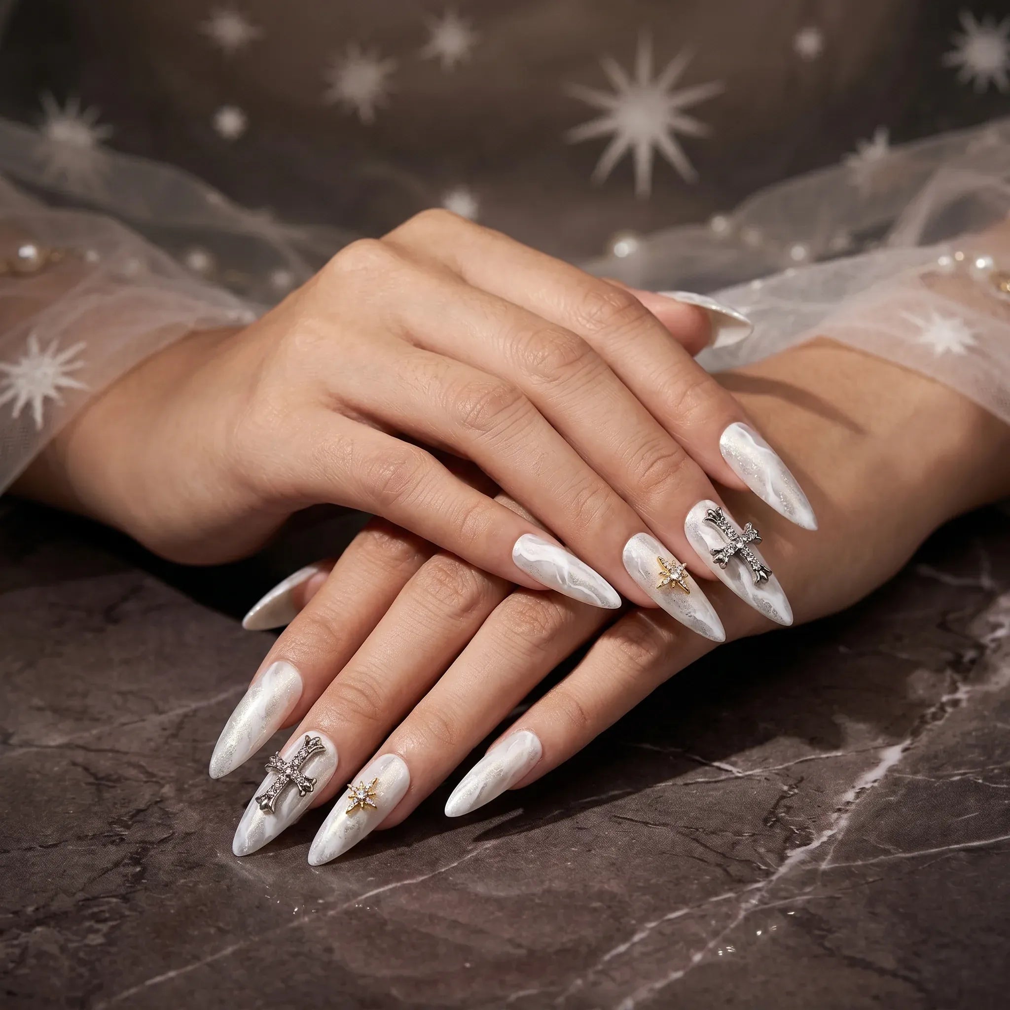 Kentrim Jelly Glue White Kentrim Marbled Cross Press On Nails - 30 Pieces (15 Sizes)